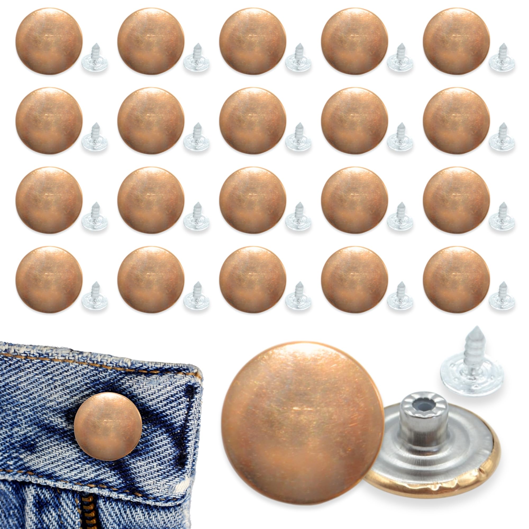 celloexpress 17mm Plain Rose Gold Jean Buttons - Metal Hammer On Studs & Pin Backs - Replacement Parts Jeans Jackets (Pack of 20)