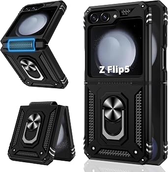 ATUMP for Galaxy Z Flip 5 Case with Hing Protection, Heavy Duty 360Ring Kickstand [Military Grade] Protective Hard PC Phone Cover for Samsung Galaxy Z Flip 5, Black