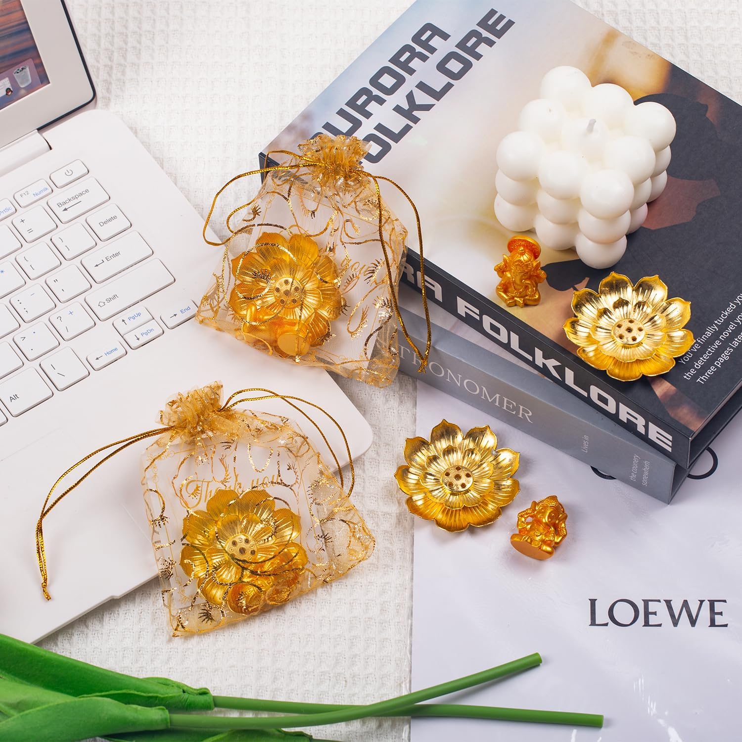 120 Pack Diwali Gifts Bulk with 30 Lotus Incense Holders, 30 Mini Golden Ganesha Ornaments, Organza Bags & Thank You Cards – Indian Return Gifts for Pooja, Festivals & Celebrations (Golden Set)
