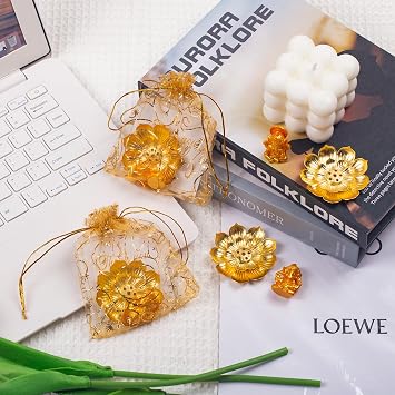 120 Pack Diwali Gifts Bulk with 30 Lotus Incense Holders, 30 Mini Golden Ganesha Ornaments, Organza Bags & Thank You Cards Indian Return Gifts for Pooja, Festivals & Celebrations (Golden Set) (30)
