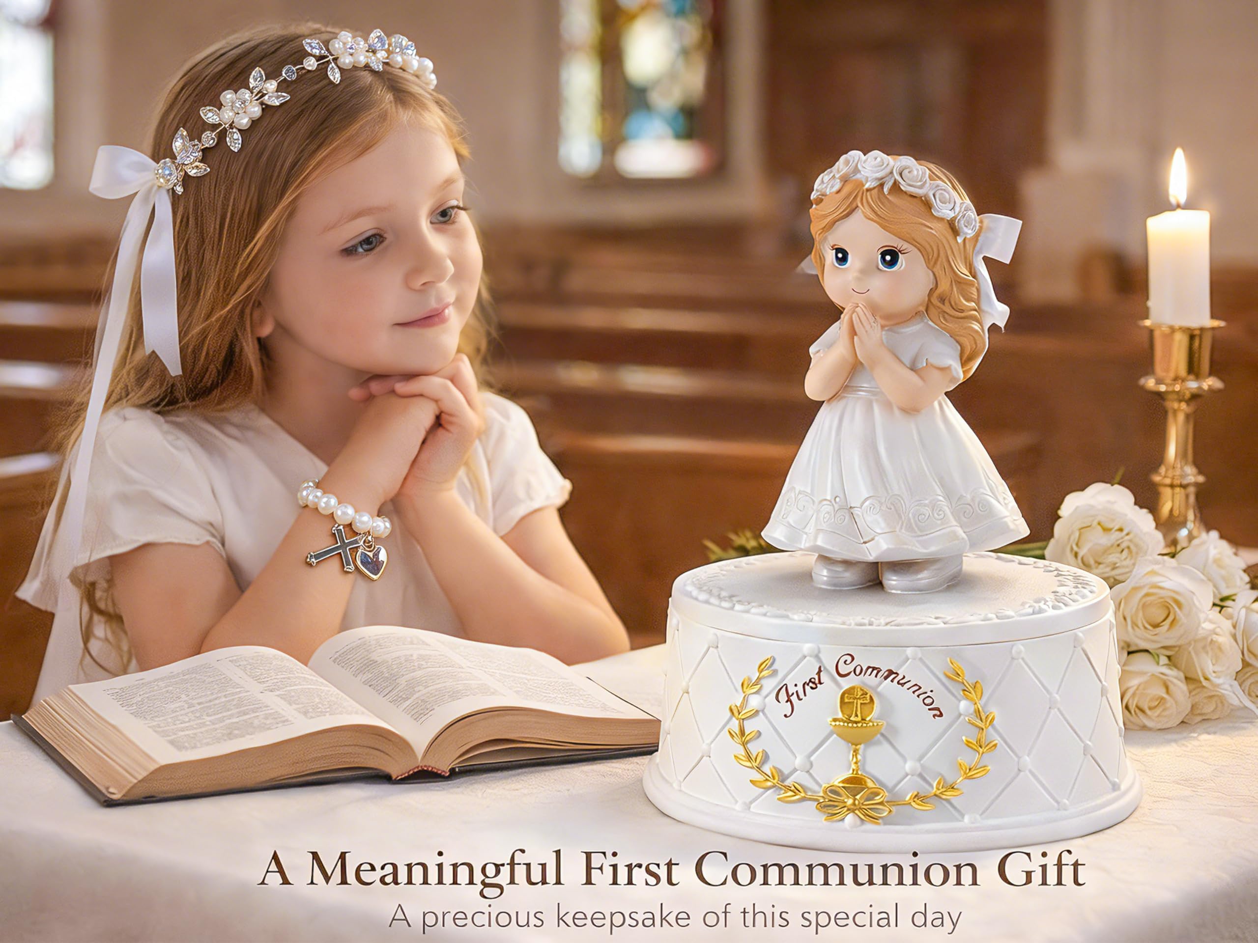 First Communion Gifts for Girls- First Holy Girl Figurine with Keepsake Box & Flower Girl Headpiece & Cross Necklace & Cross Bracelet Included, 1st Communion Gifts for Girls