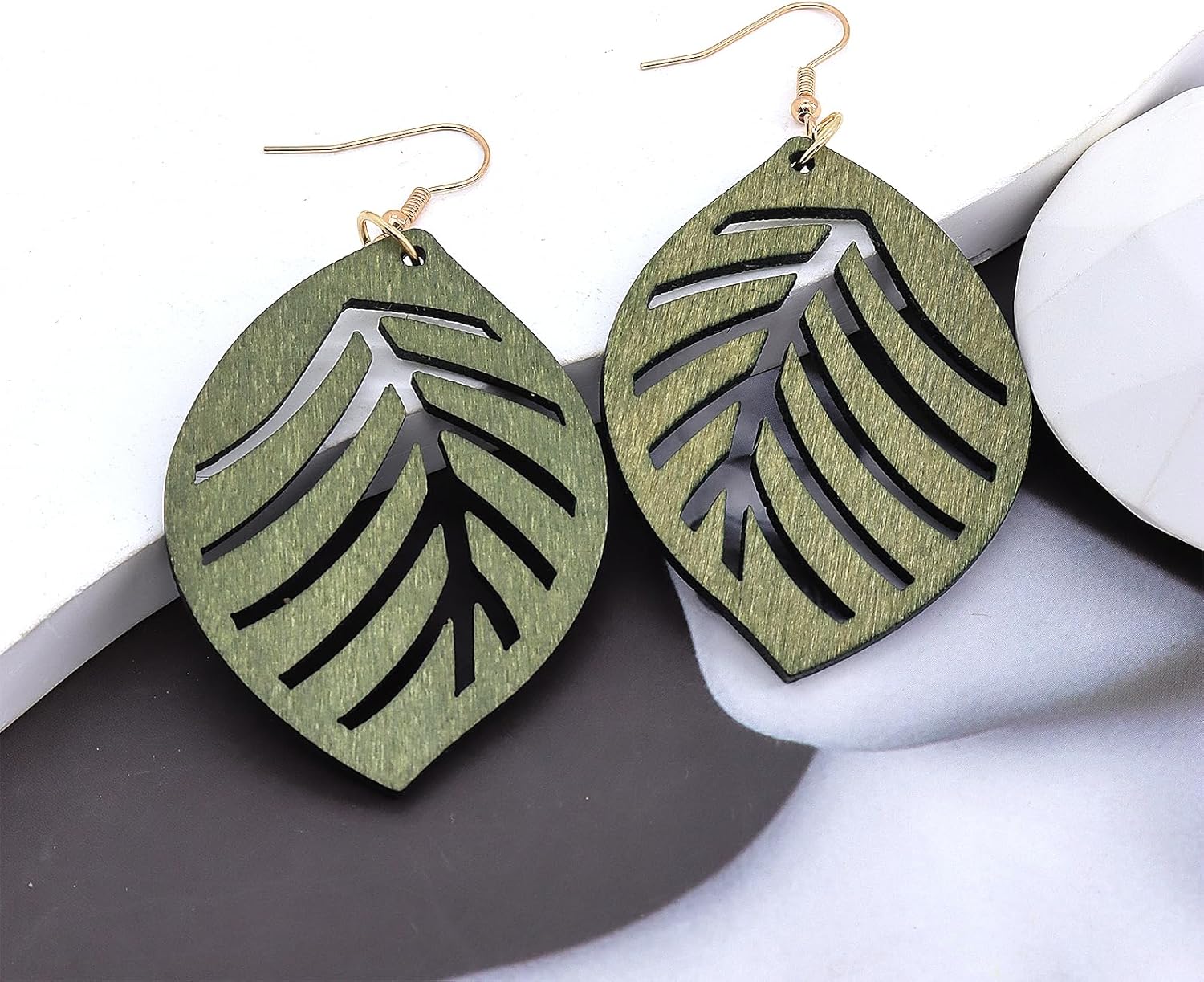 Boho Leaf Wooden Drop Statement Earrings for Women,Vintage Hippie Hollow Leaves Hook Dangle Earrings Lightweight Ear Jewelry Accessories Gift - Image 3