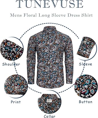 TUNEVUSE Men Floral Dress Long Sleeve Button Down Patterned Shirt Cotton