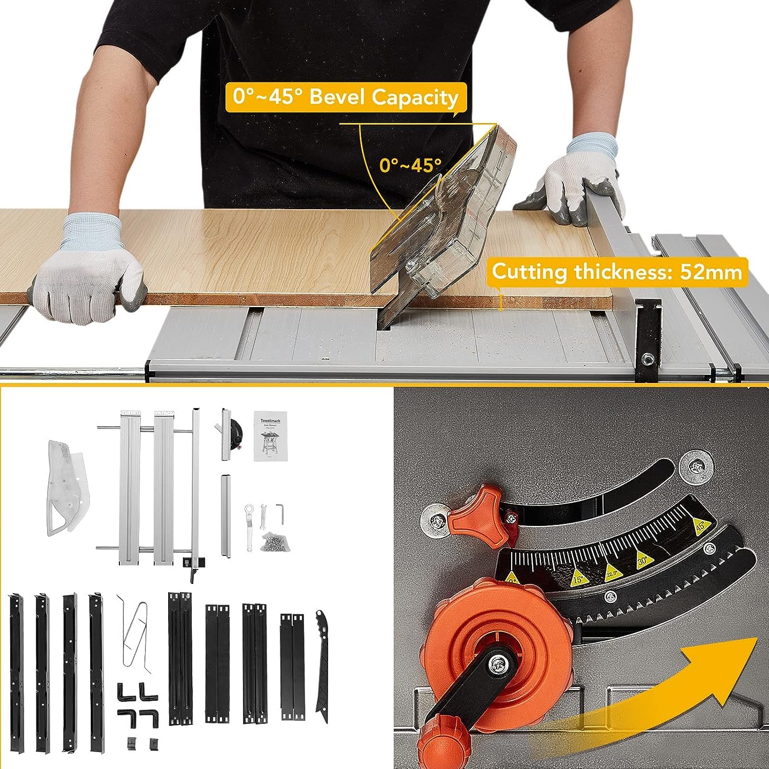 Person using a push stick to guide a wooden piece through the table saw.