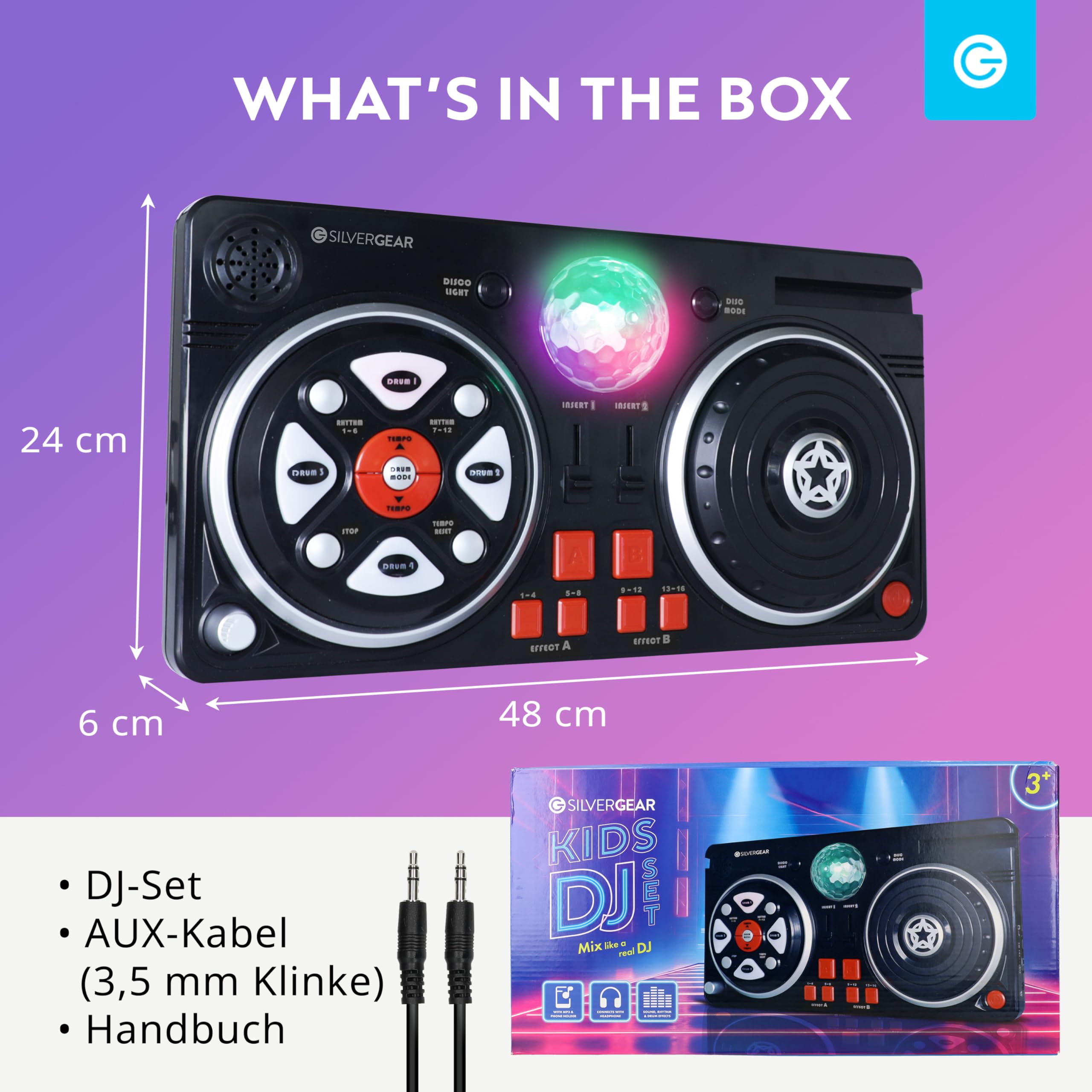 Silvergear® DJ-Set für Kinder | DJ Pult für Anfänger mit Discokugel | 46 Soundeffekte | AUX-Kabel für Eigene Musik | Tragbares DJ Equipment | Batteriebetrieben | 39.3 x20.5x6.4 cm | Schw
