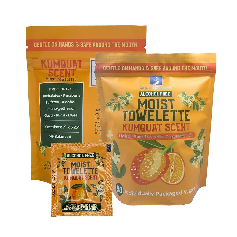 Lenços umedecidos individuais para mãos e rosto SaniOnes, sem álcool, fragrância de kumquat, Pacote com 50