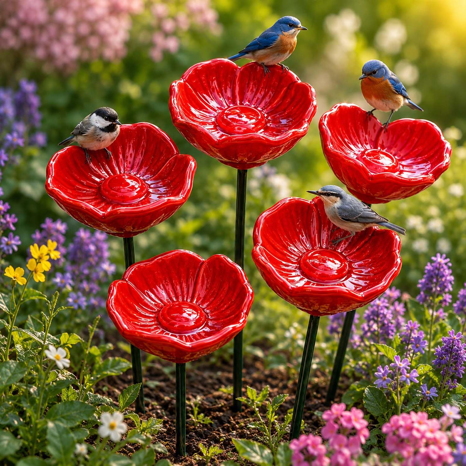 Ceramic Flower Bee Waterer Stakes, Pollinator Drinking Station for Bees & Butterflies, Weatherproof Garden Decor with Multiple Colors (8.6" H) (5 Red)