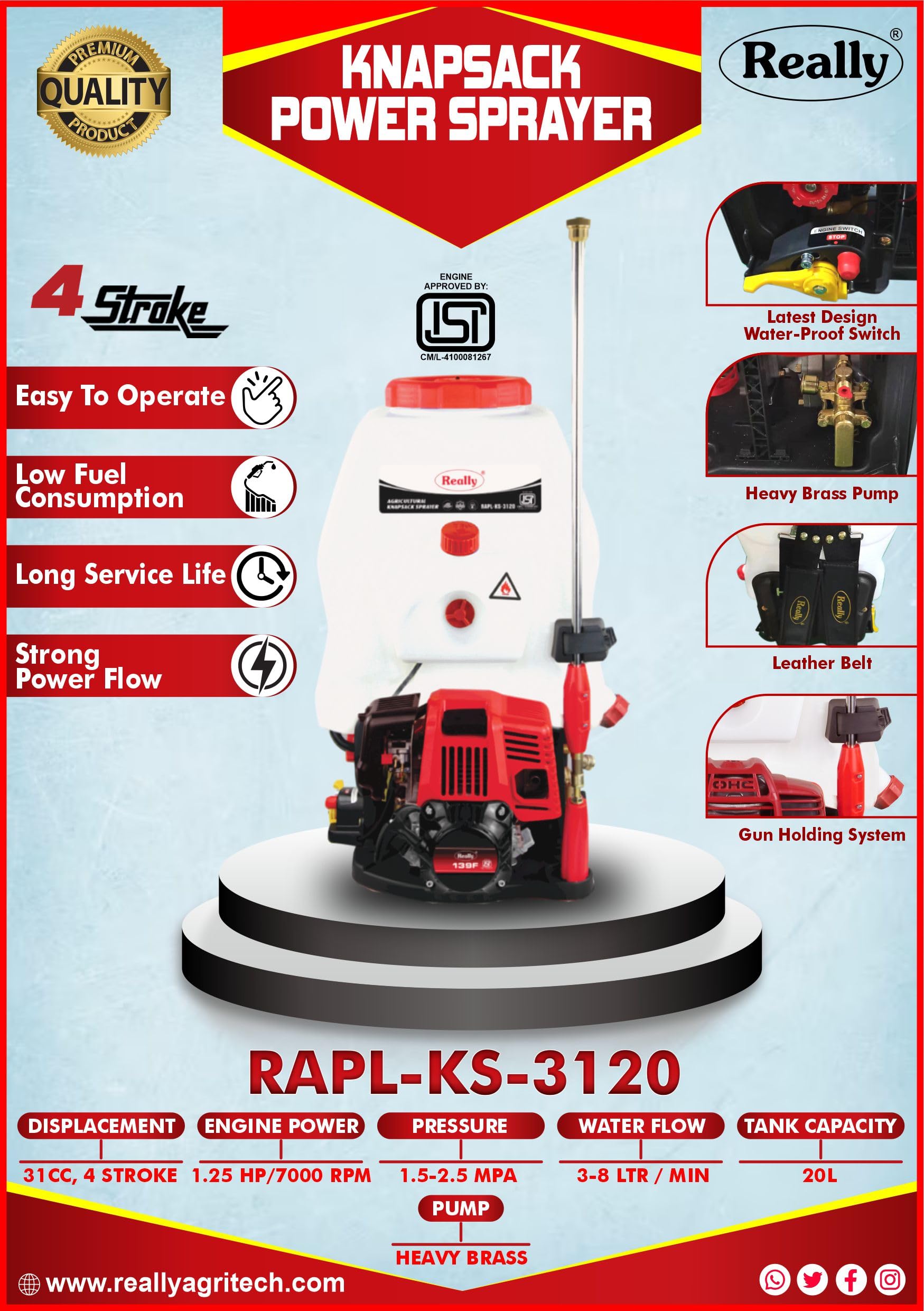 Really RAPL-KS-3120 Knapsack Power Sprayer 31CC 4 Stroke Engine