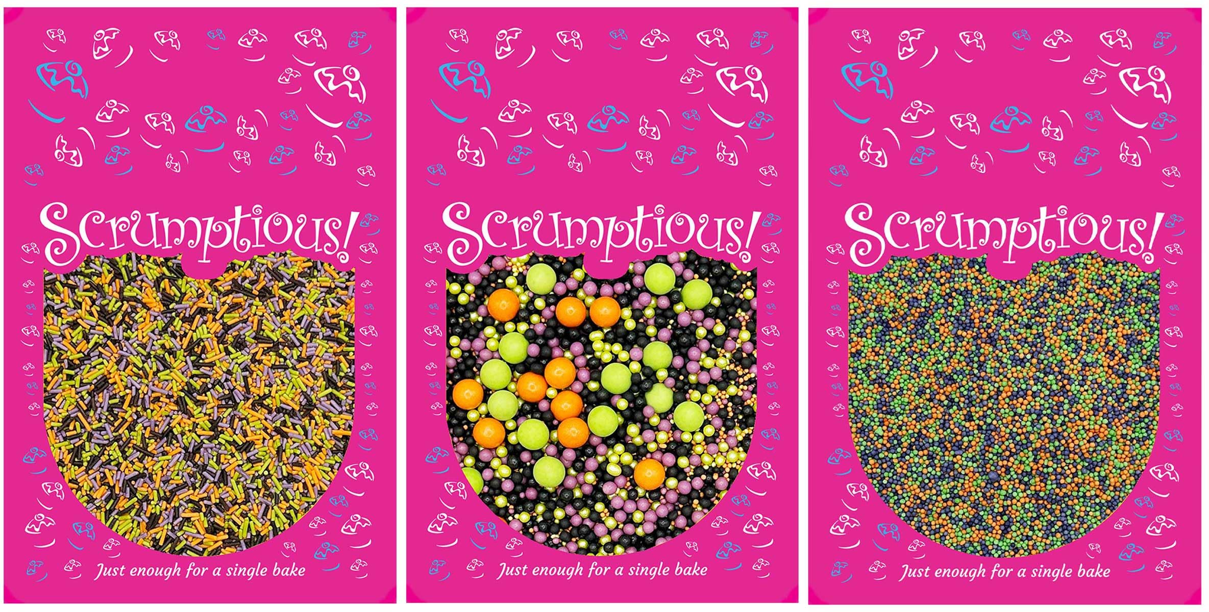 Scrumptious! - Bundle - Halloween Favourites Edible Cake Topper Sprinkles Cupcake Decorations -Halloween Strands, Pearls Mix and Spooky 100s and 1000s - 30g Each