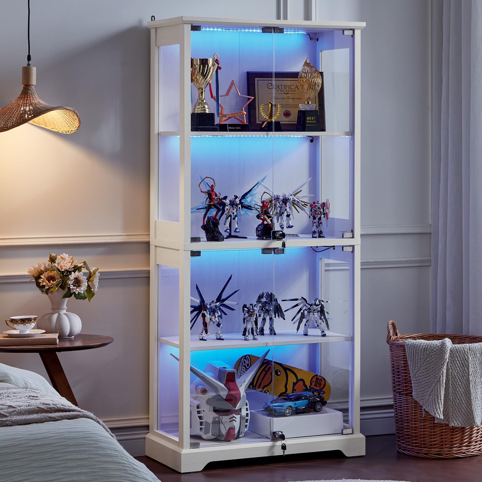 LELELINKY Farmhouse Display Cabinet with Glass Doors, Curio Cabinet with 3-Color LED Motion-Sensor Light,White