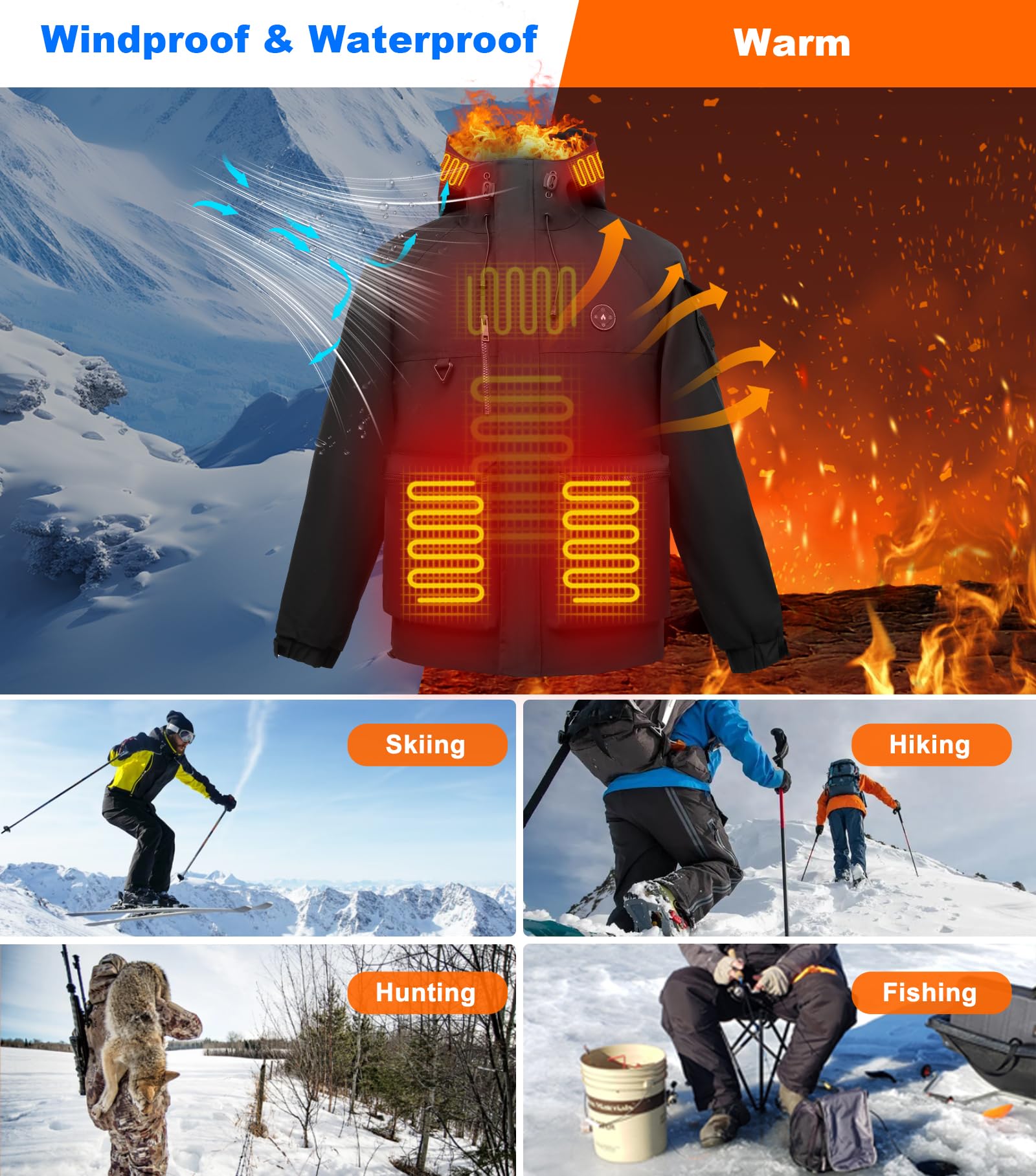 Veste Chauffante Homme, Blouson Chauffant avec Batterie 12000mAh 7.4V, 6 Zones de Chauffage & 3 Niveaux de Température, Veste D'hiver Imperméable Coupe-vent pour Ski Randonnée Camping