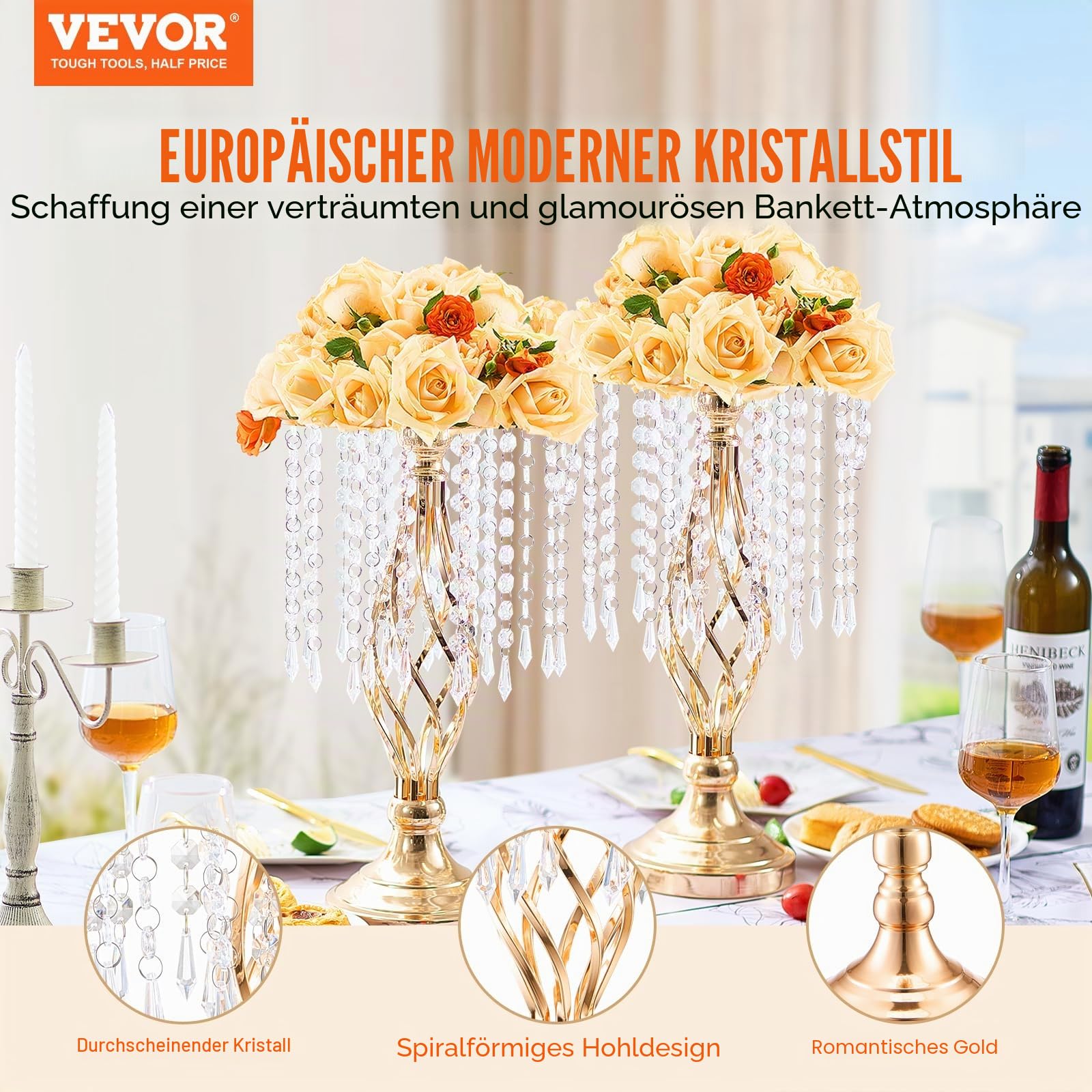 VEVOR 20 STK 43 cm hoher Blumenständer aus Kristallglas für Hochzeiten, Metallvase für Hochzeitsmittelstücke, goldene Blumenhalter, Blumenständer für Tische, Hochzeitsessen, Partys