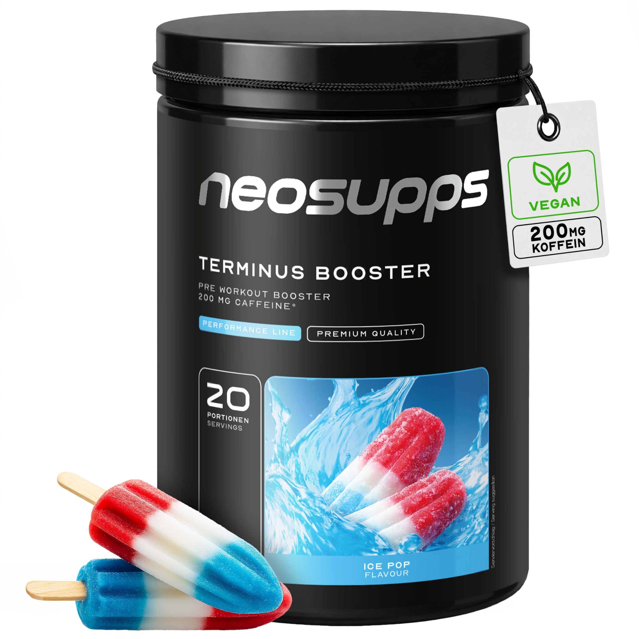 NEOSUPPS Pre Workout Booster Terminus XXL Ice Pop 540g, Fitness & Gym, Pre Workout Booster vegan, Pump & Fokus, geprüfte Qualität, 8.000 mg L-Citrullin, 20 Portionen
