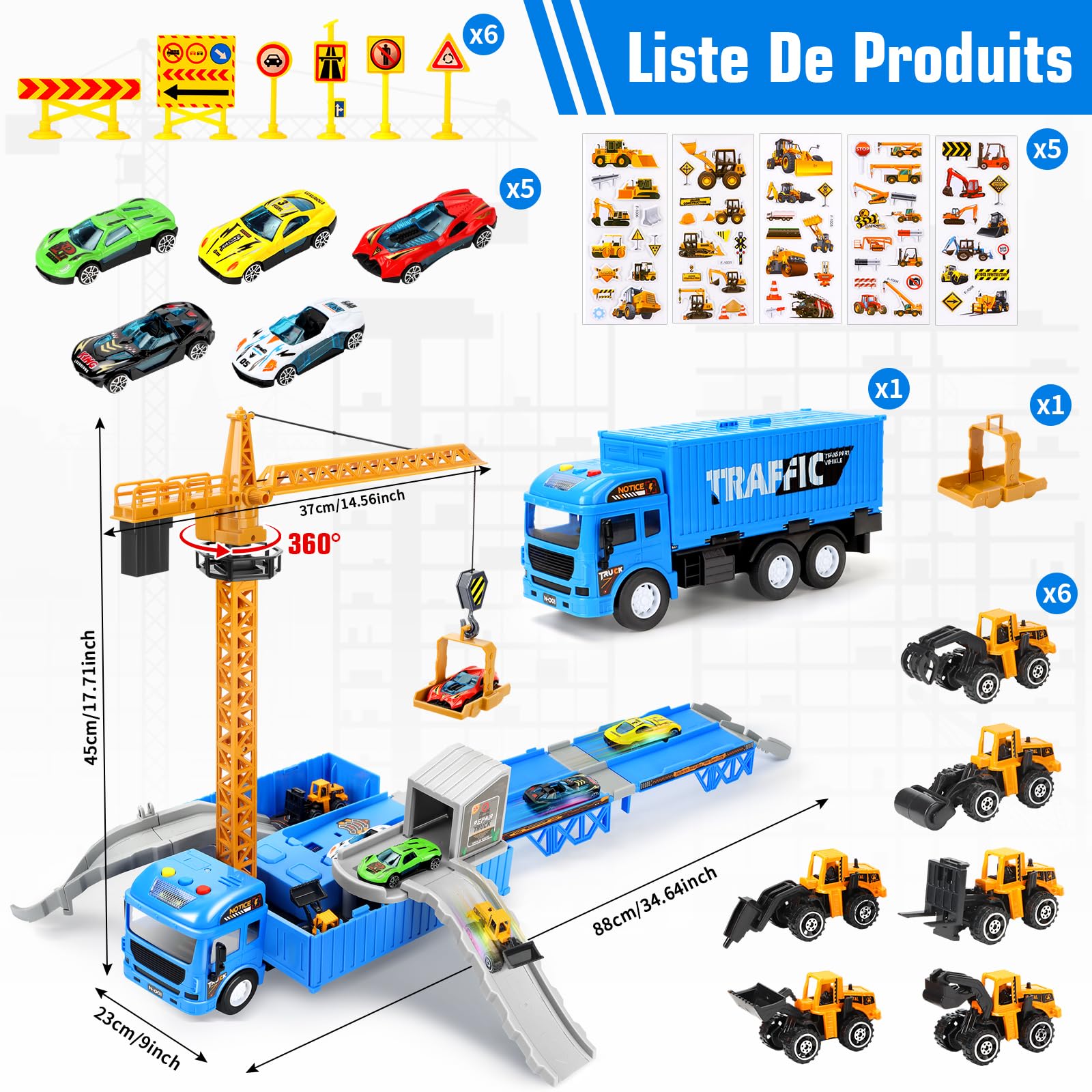 JONRRYIN Véhicule Chantier Jouet Enfants - Ensemble Camion Grue à Tour avec Piste Éjectante (Excavatrice, Rouleau Compresseur, Fourchonneuse, Bulldozer) - Sons/Lumières - Cadeau pour Garçons 3-8 Ans