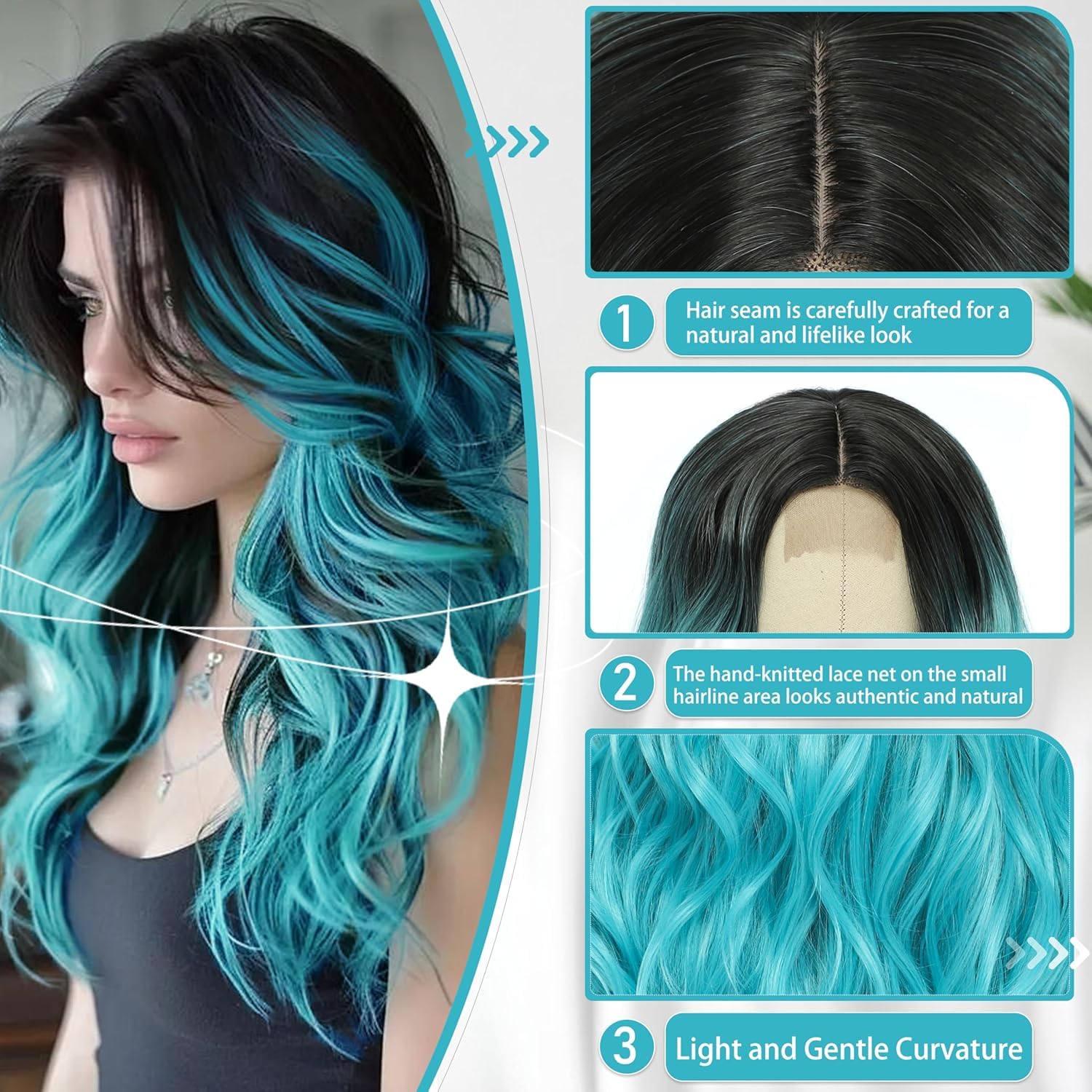 BUPPLER Cosplay Long Ombre Teal Wig 26 Inch Middle Part Synthetic Wig Realistic Gifts Party Wigs for Women Daily Use Colorful Wigs (Ombre Teal) - Image 4