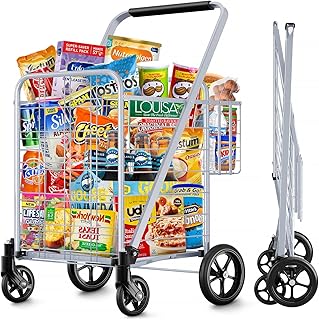 Shopping Cart, Jumbo Double Basket Grocery Cart 330 lbs Capacity Folding Shopping Cart with 360° Rolling Swivel Wheels Super Loading Utility Shopping Cart for Laundry, Shopping, Grocery, Luggage
