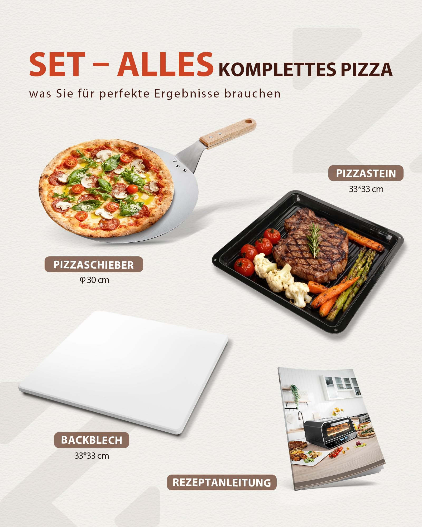 Pizzaofen Elektrisch 450°C – Neapolitanische Pizza in 90 Sek, Sichtfenster & Innenbeleuchtung, 6 Programme & & 6 Kochmodi, Profi-Koch-Modus, Pizzaschaufel & Pizzastein & Backblech