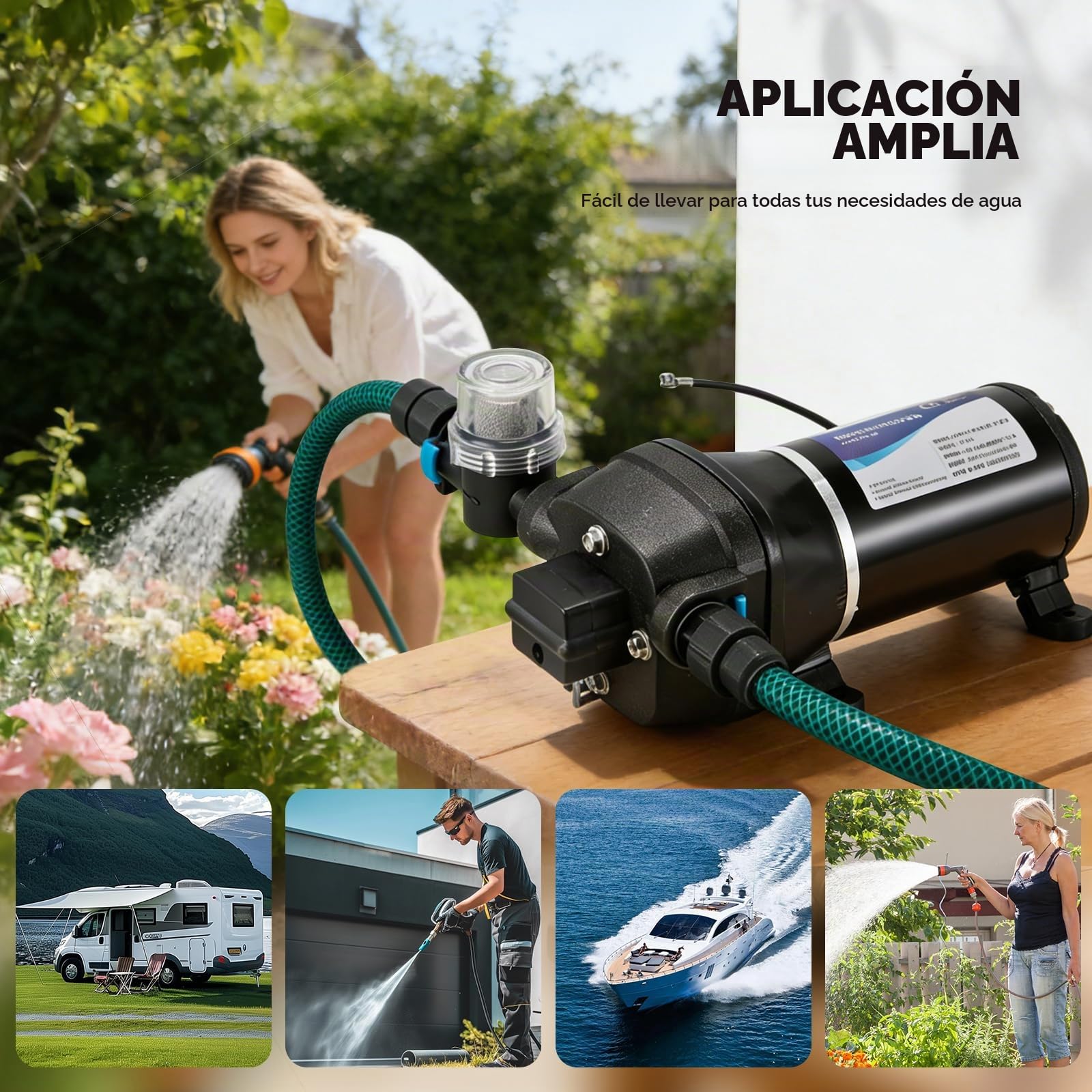 Bomba de agua de 12 V, 17 l/min, 3,1 bar, bomba de membrana autocebante con interruptor de presión robusto y filtro de aspiración para caravanas, barcos, lavado, riego, circulación