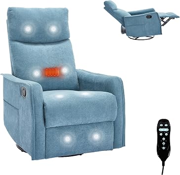 Massage Chair Recliner with Heat, 360 Swivel Glider Rocker with Reclining Backrest and Footrest, Manual Lazy Boy Recliners for Adults, Modern Nursery Rocking Chairs Blue