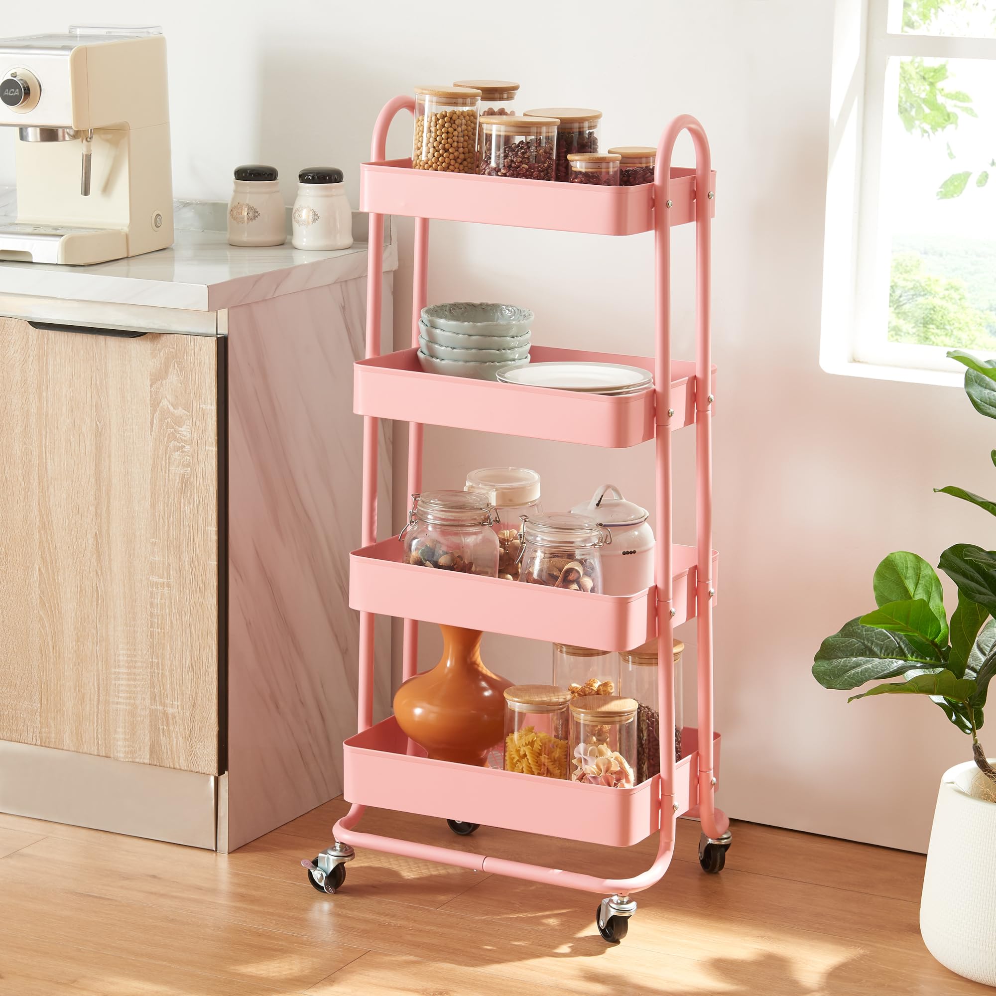 [en.casa] Carrello da Stoccaggio in Acciaio con 4 Contenitori Sovrapposti e Ruote Organizzatore Multiuso per Casa Ufficio Garage - Rosa