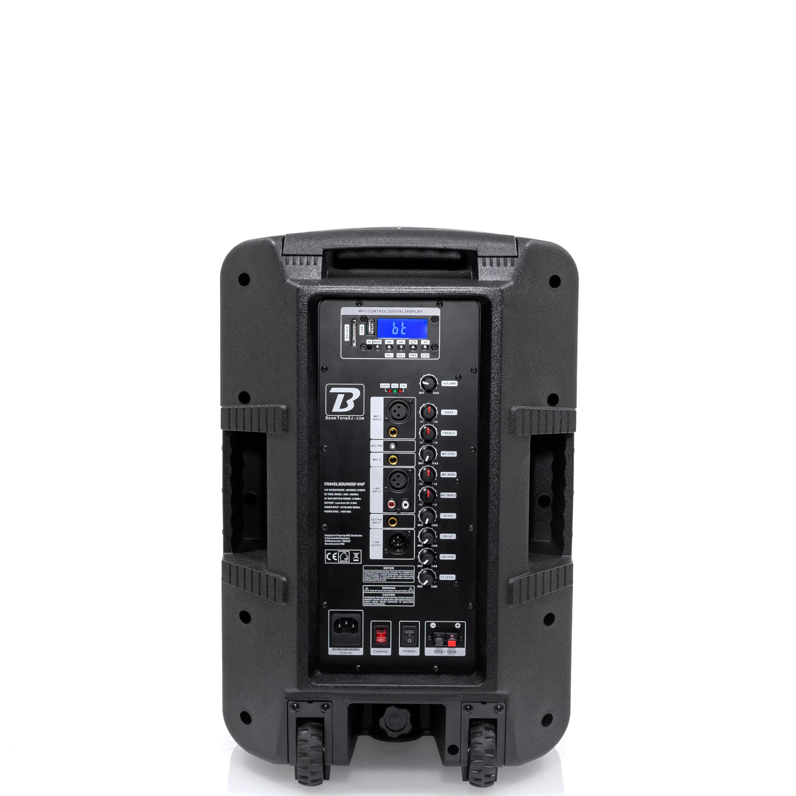 BoomTone DJ TRAVELSOUND12-VHF Système de Sonorisation Portable Noir 600W avec Bluetooth. Lecteur USB, SD et Micro Main et Serre-tête VHF Inclus. Idéal pour DJ, Karaoké, Spectacles de Rue et Fête