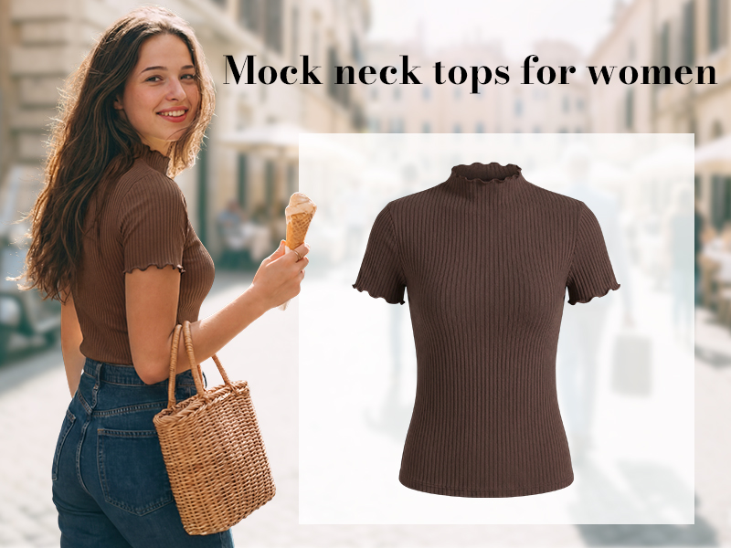 Huukeay 3 Pack Women's Mock Turtleneck Tops Short Sleeve Shirts M
