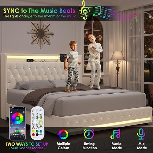 Miniatura 3 de HIFIT Base de cama LED tamaño Queen con estación de carga y 4 cajones de almacenamiento, cama plataforma tapizada en terciopelo con cabecera tipo