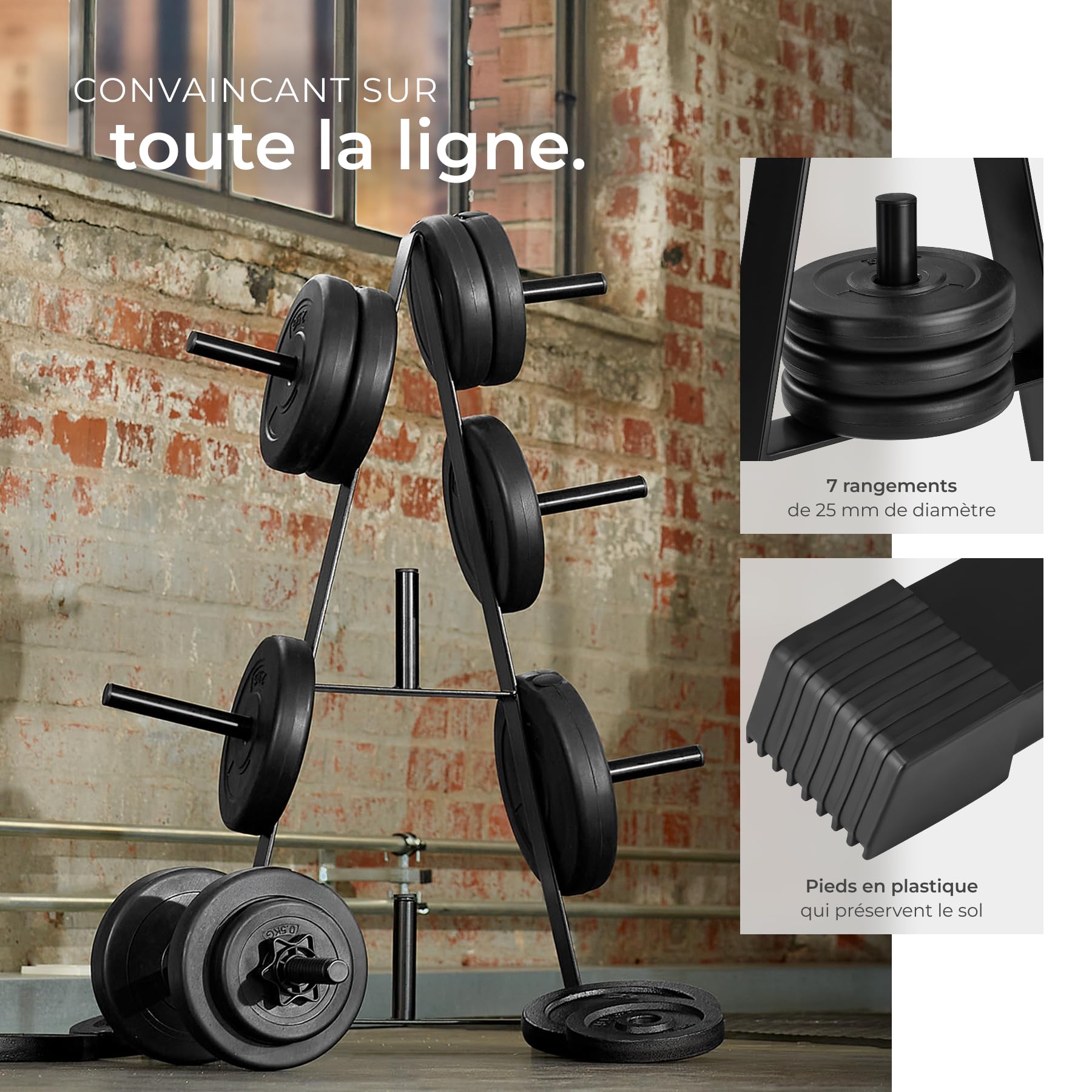 tectake® Rangement poids musculation, 67 x 38,5 x 91 cm, 7 Branches pour disque musculation, Grande capacité et bonne stabilité, Rack en acier, Embouts protection sol, Home gym, Salle de sport