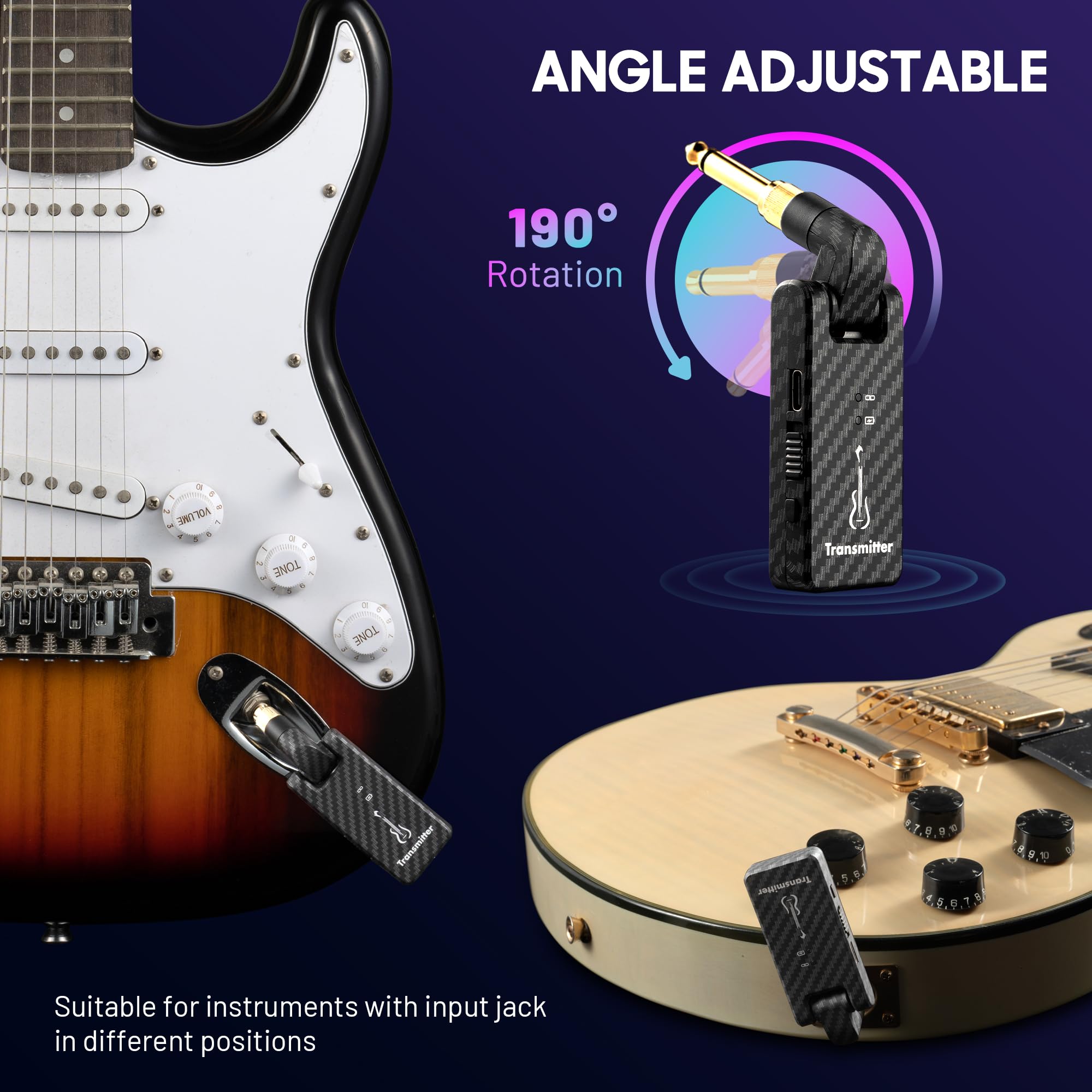CAHAYA Sistema di Chitarra Senza Fili: Fibra di Carbonio con Custodia di Ricarica - Trasmettitore e Ricevitore per Chitarra Senza Fili 2,4 GHz Plug-and-Play Raggio d'Azione Esterno di 30 m - 4 Canali