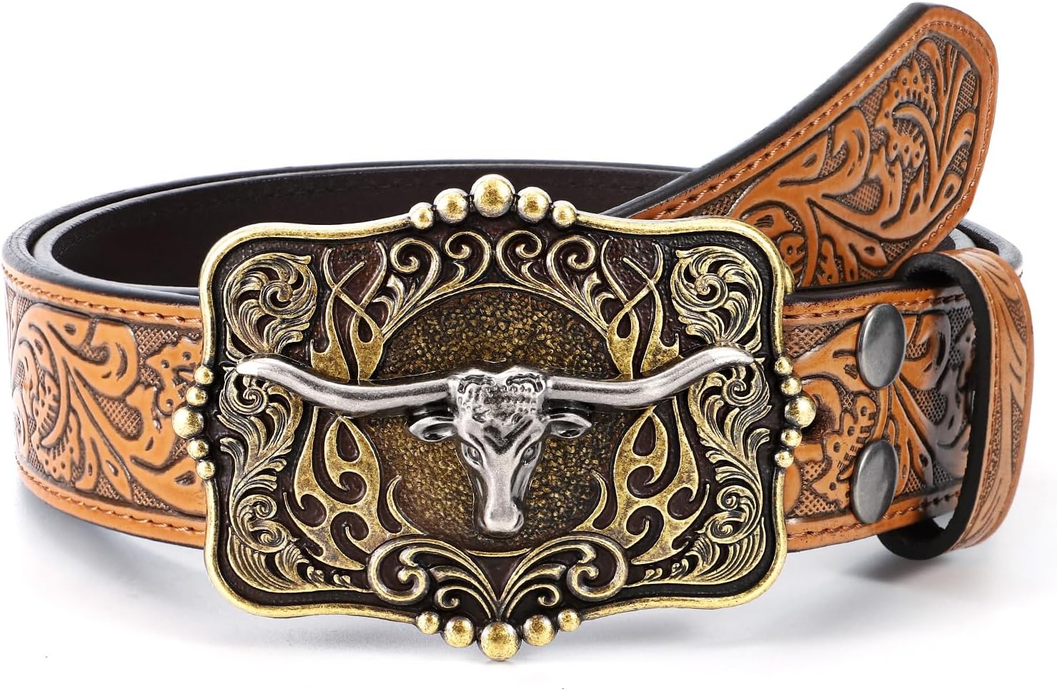 Cowboy Cowgirl Belt Western Belts for Men Women Floral Engraved Longhorn Bull Buckle Belt for Jeans - Image 6