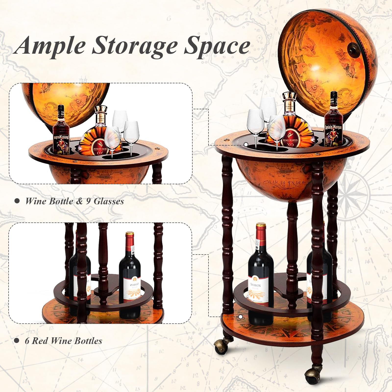 KOMFOTTEU Botellero Bar Globo Terráqueo con Ruedas, Soporte para Botellas de 2 Niveles, Carrito de Bar de Madera, Mueble Minibar para Bebidas, para Restaurante, Fiesta (Marrón, 45 x 45 x 88 cm)