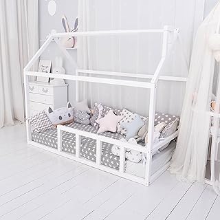 BUSYWOOD Toddler House Bed - Floor type bed - Montessori Bed for Kids - Country style room - White Bedframe - Bed for Playroom - Monterssori Twin, Full, Queen, King - Wooden Bed (Model 2)