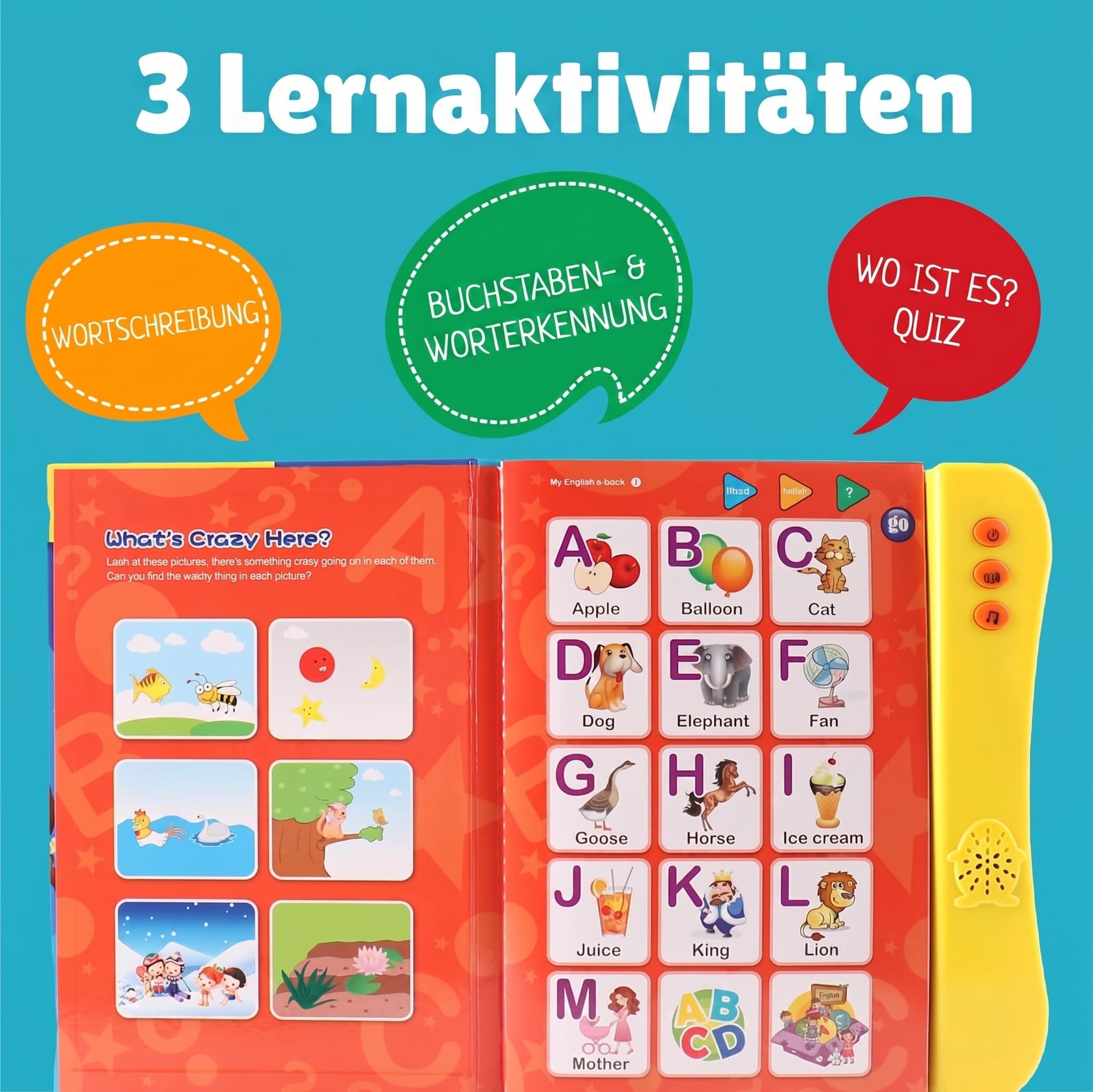 Englisch Lernen Kinder Soundbuch ABC, Interaktives Klangbuch Englisch mit 100+ Tönen, 8 Lernseiten und 3 Lernmodi, Lernspielzeug für Buchstaben, Wörter, Zahlen, Formen und Tiere ab 3 Jahre