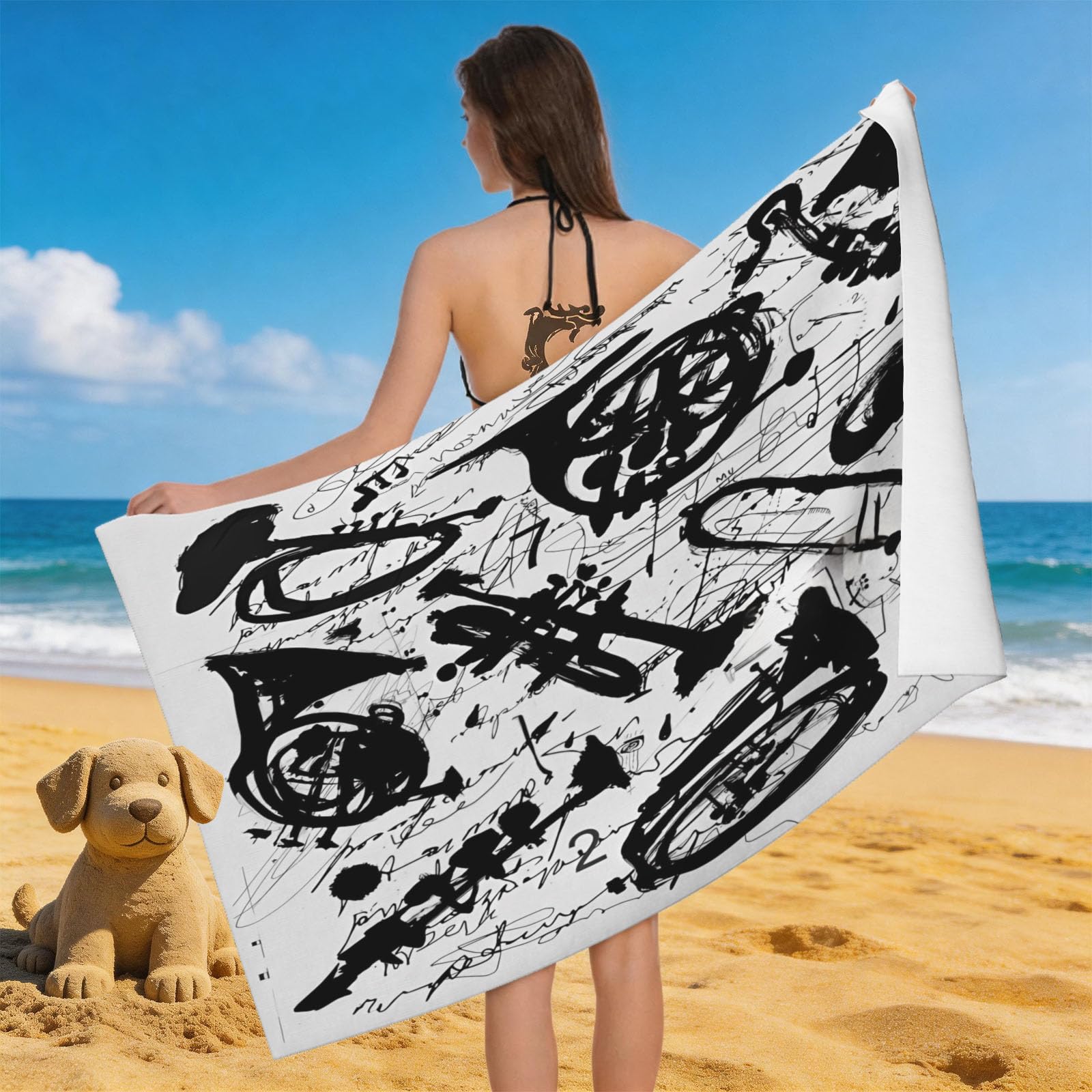 Leichong 3D Musical Instrument Silhouette Beach Towel Large Microfiber Soft Quick Dry for Adults, Instrument Theme Bath Towel Lightweight Soft Absorbent for Travel Swimming Pool Sports, 180 x 90 cm