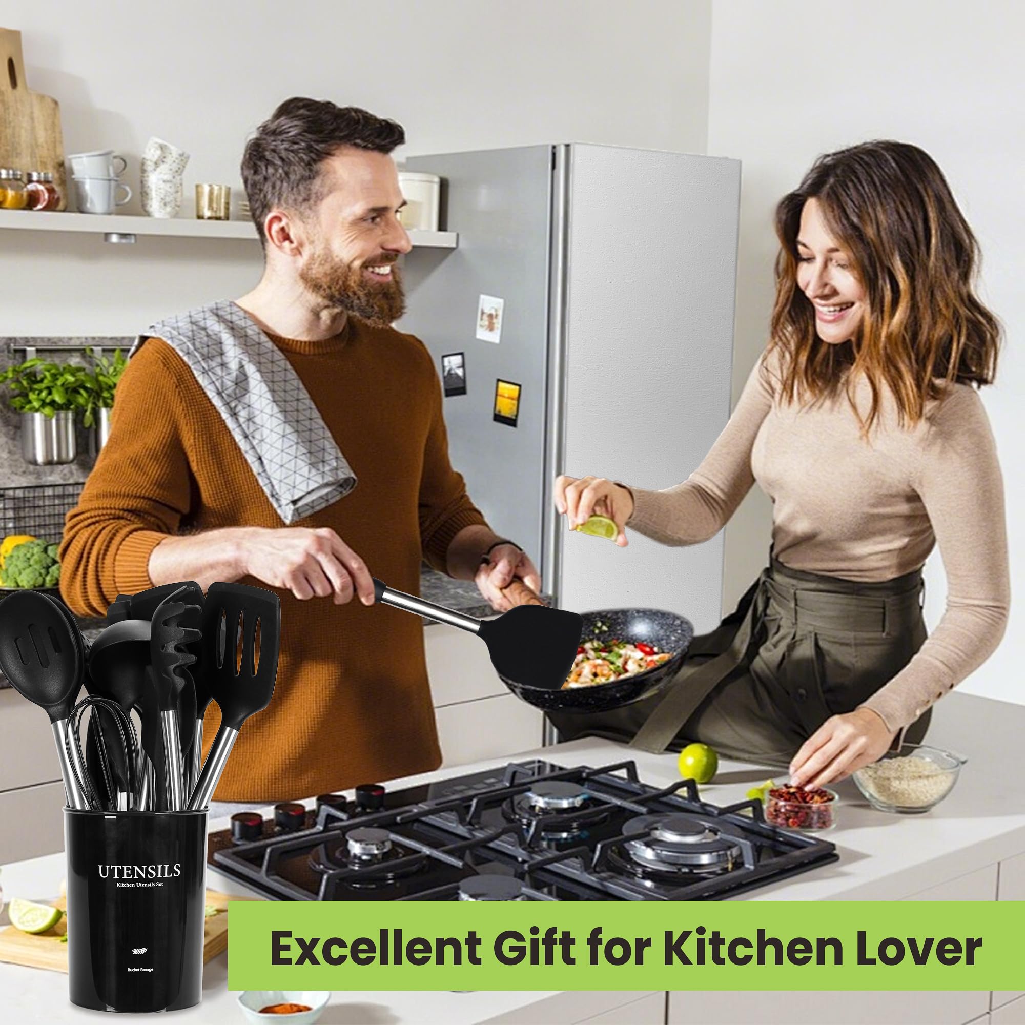 Juego de utensilios de cocina grandes, juego de 35 espátulas con soporte, juego de utensilios de cocina de silicona con mango de acero inoxidable, rallador de queso, tijeras, cuchara de helado,