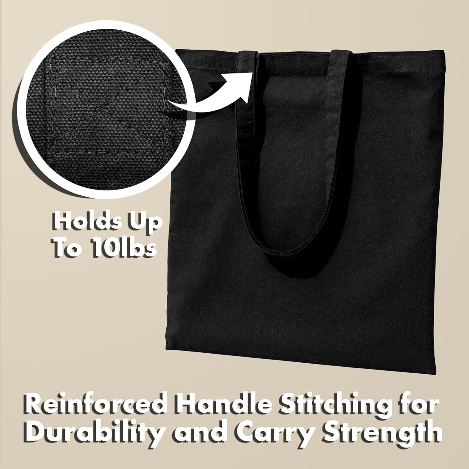 Carrywell (Not Made In China) Canvas Tote Bags Black 24-Pack, 15"x16", Bulk Organic Cotton Reusable Shopping Bag, Blank Cloth Totes With Handles