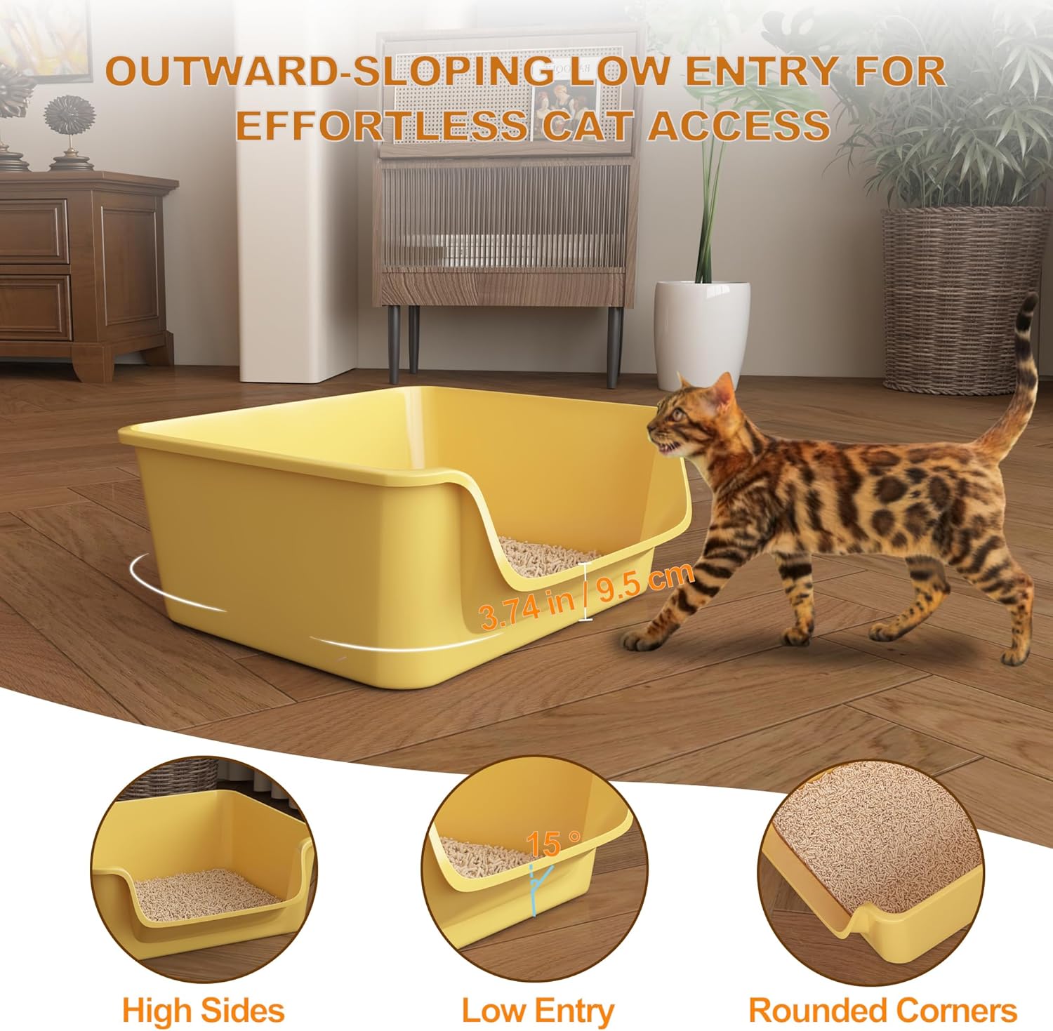 Open-Top Large High Sides Cat Litter Box with Low Entrance, Suitable for Small and Elderly Cats, Anti-Splash, 19.8” x15.6”x7.3” for Indoor Use