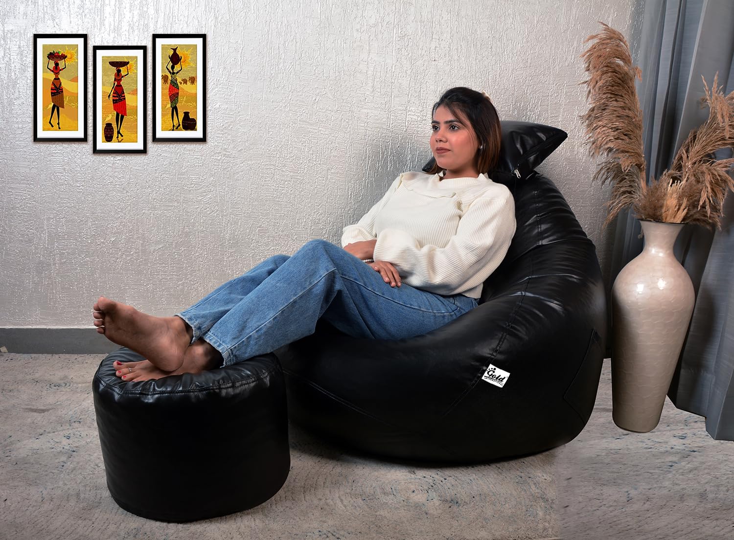 Gold 4XL Bean Bag Combo with Footstool & Cushion | Faux Leather Teardrop Bean Bag for Adults & Teens | Pre-Filled with Beans | Home, Bedroom, Living Room, Office (4XL - Black)-picture-34