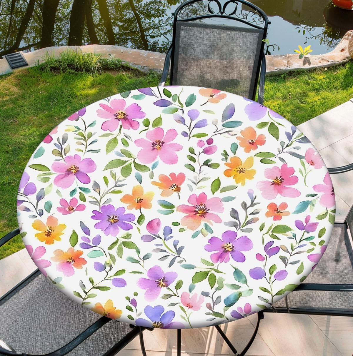 Yesad Spring Flower Round Fitted Tablecloth with Elastic Edge 44" Table Cloth Waterproof Reusable Outdoor Round Table Cover for Kitchen Picnic Patry