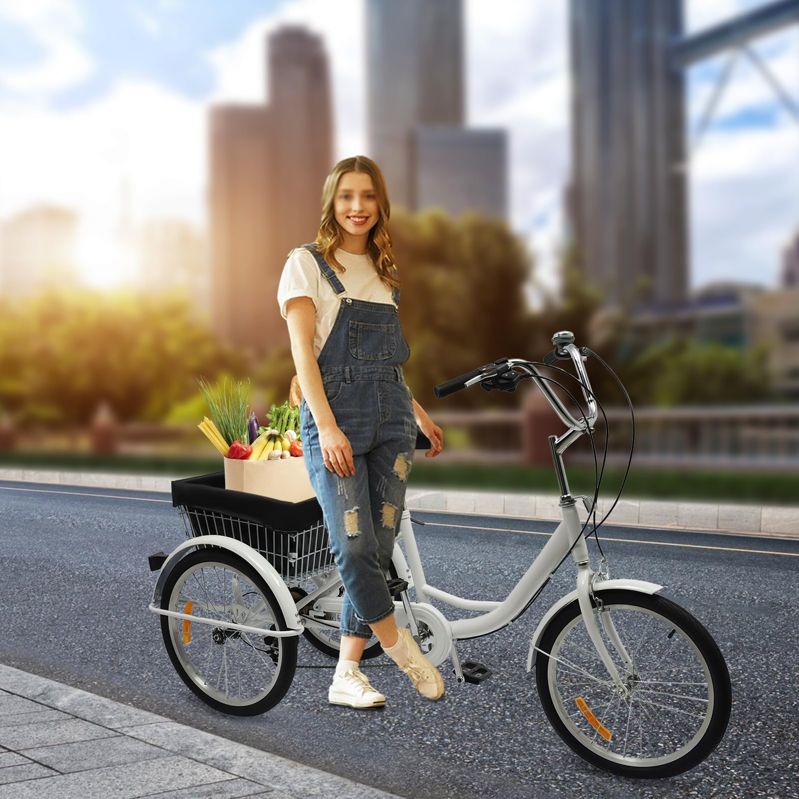 Triciclo de 20 pulgadas para adultos, 8 marchas, bicicleta de carga de acero al carbono, bicicleta para personas mayores, con cesta de la compra, altura ajustable, ruedas de ciudad, máx.