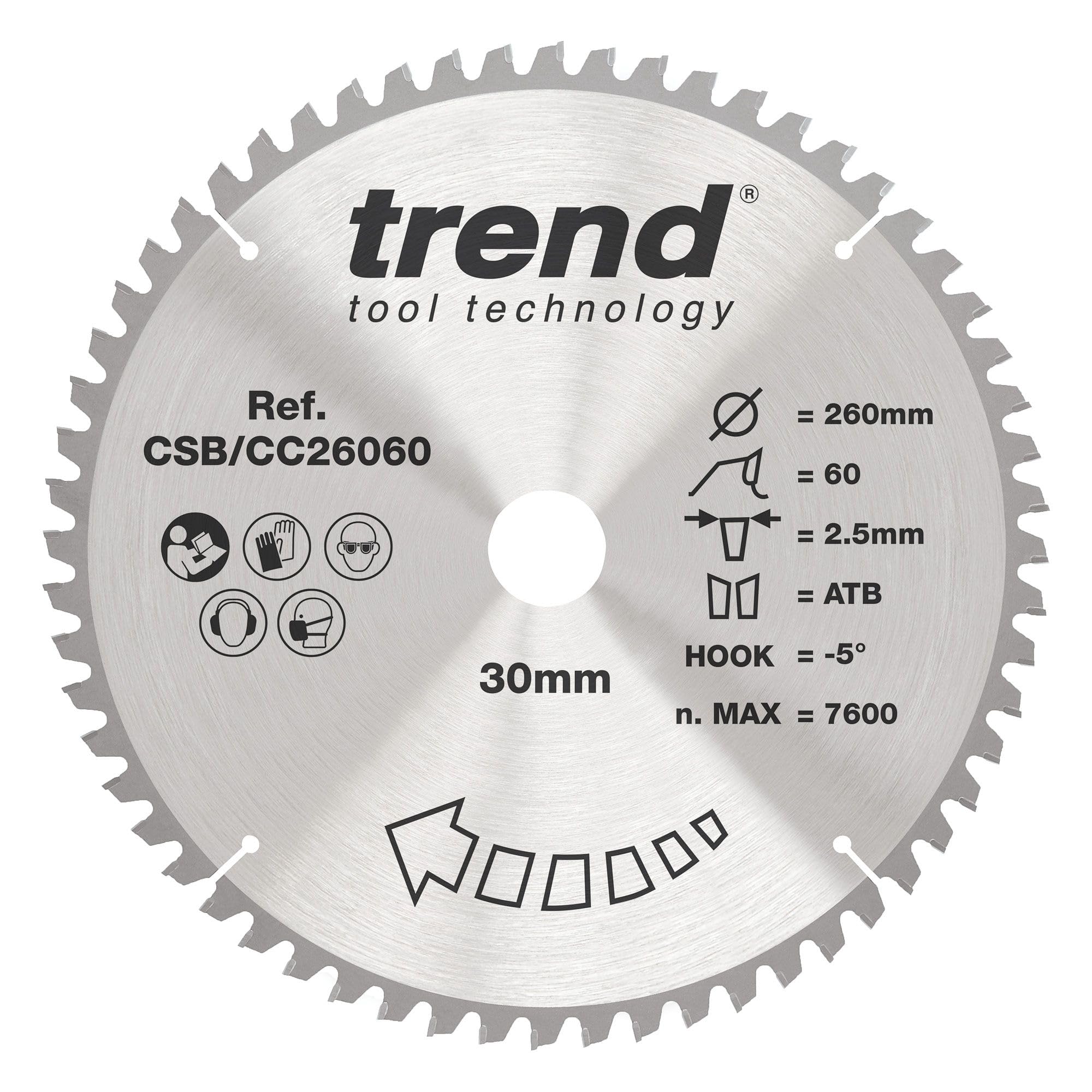Trend Lame de scie à onglet bois 260 mm, 30 mm alésage, 60 dents TCT