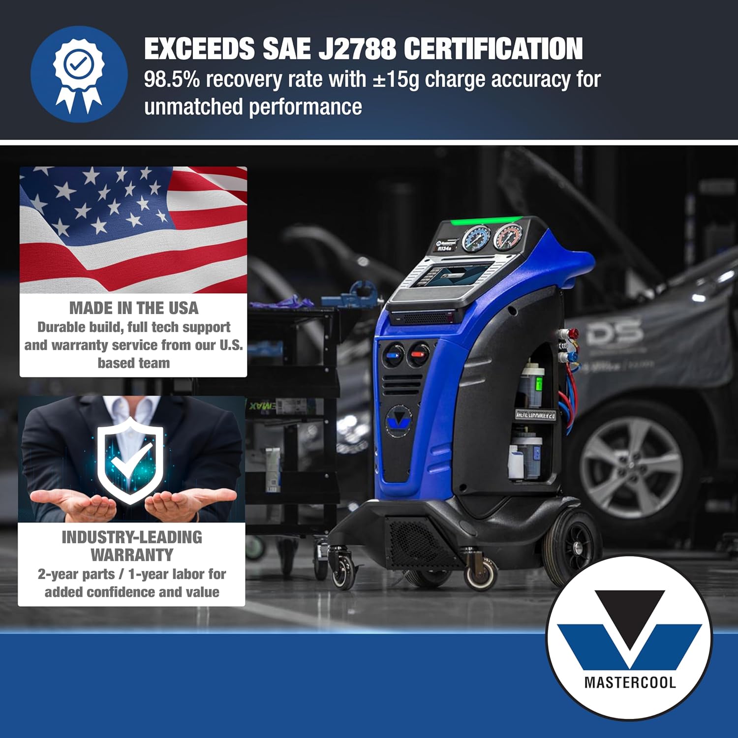 Mastercool COMMANDER2100 R134a Recovery, Recycling & Recharge Machine – 10” Touchscreen Tablet – Built-in Vehicle Refrigerant Database – 6 CFM Vacuum Pump – SAE J2788 Certified – U.S. Built