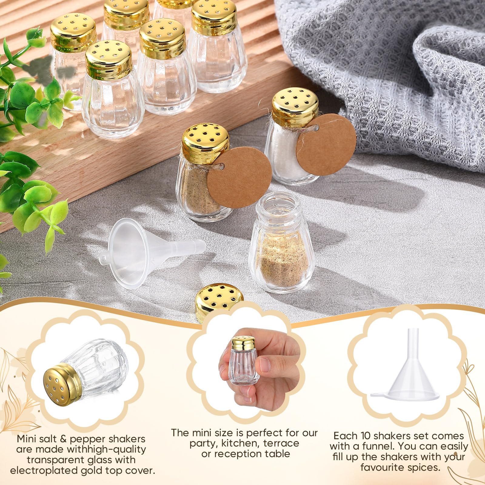 Uiifan Mini-Salz- und Pfefferstreuer mit goldfarbenen Deckeln, klares Glas, Gewürz-, Salz- und Pfefferhalter, Großpackung mit 5 Kunststoff-Trichtern, 50 Etiketten, 50 Seilen für Hochzeit, Party,