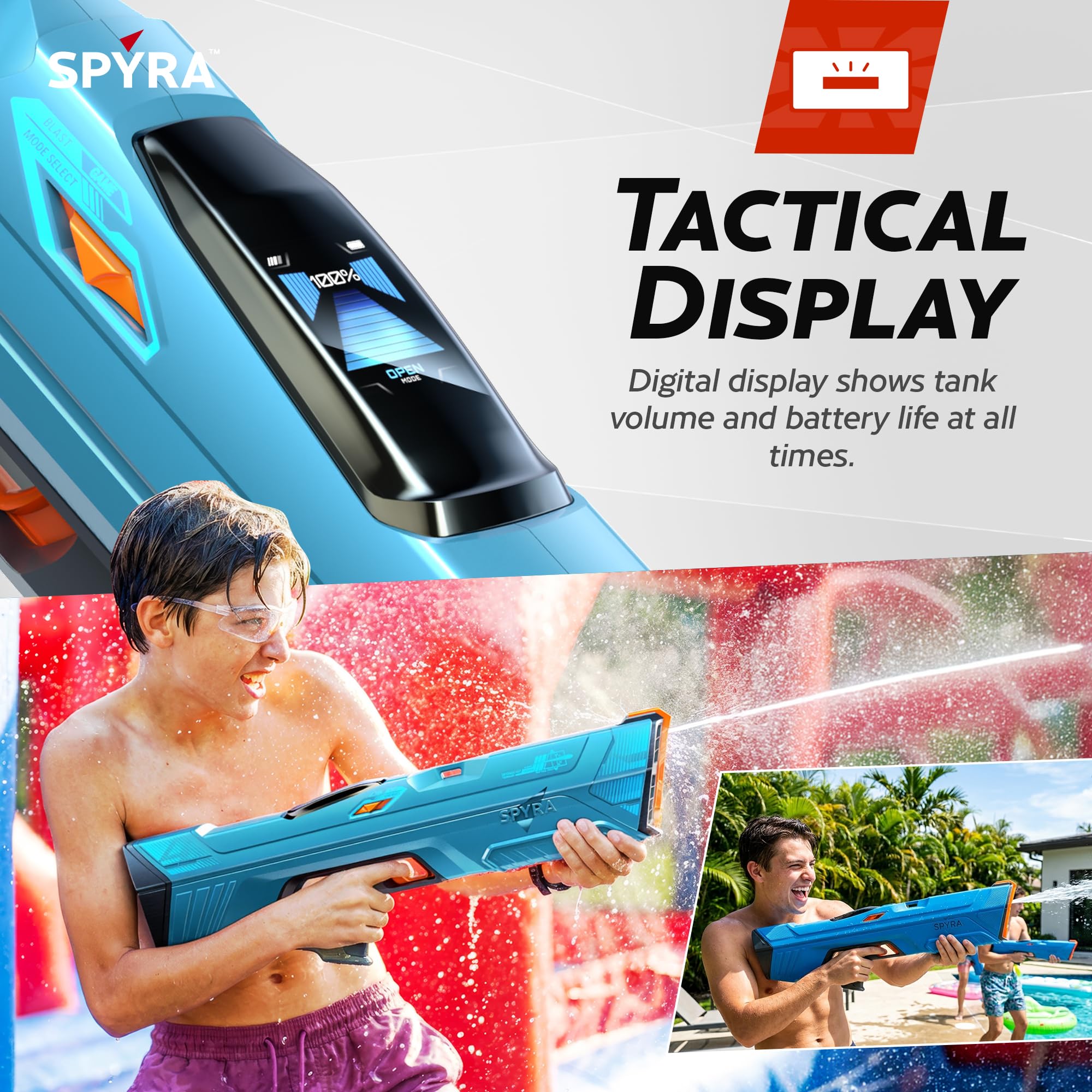 Spyra Electric Water Gun with Single Shot Technology, Premium Water Blaster with Automatic Recharge, TFT Display, 5 Blast Modes and 3 Game Modes, Long Range, Outdoor Water Toy