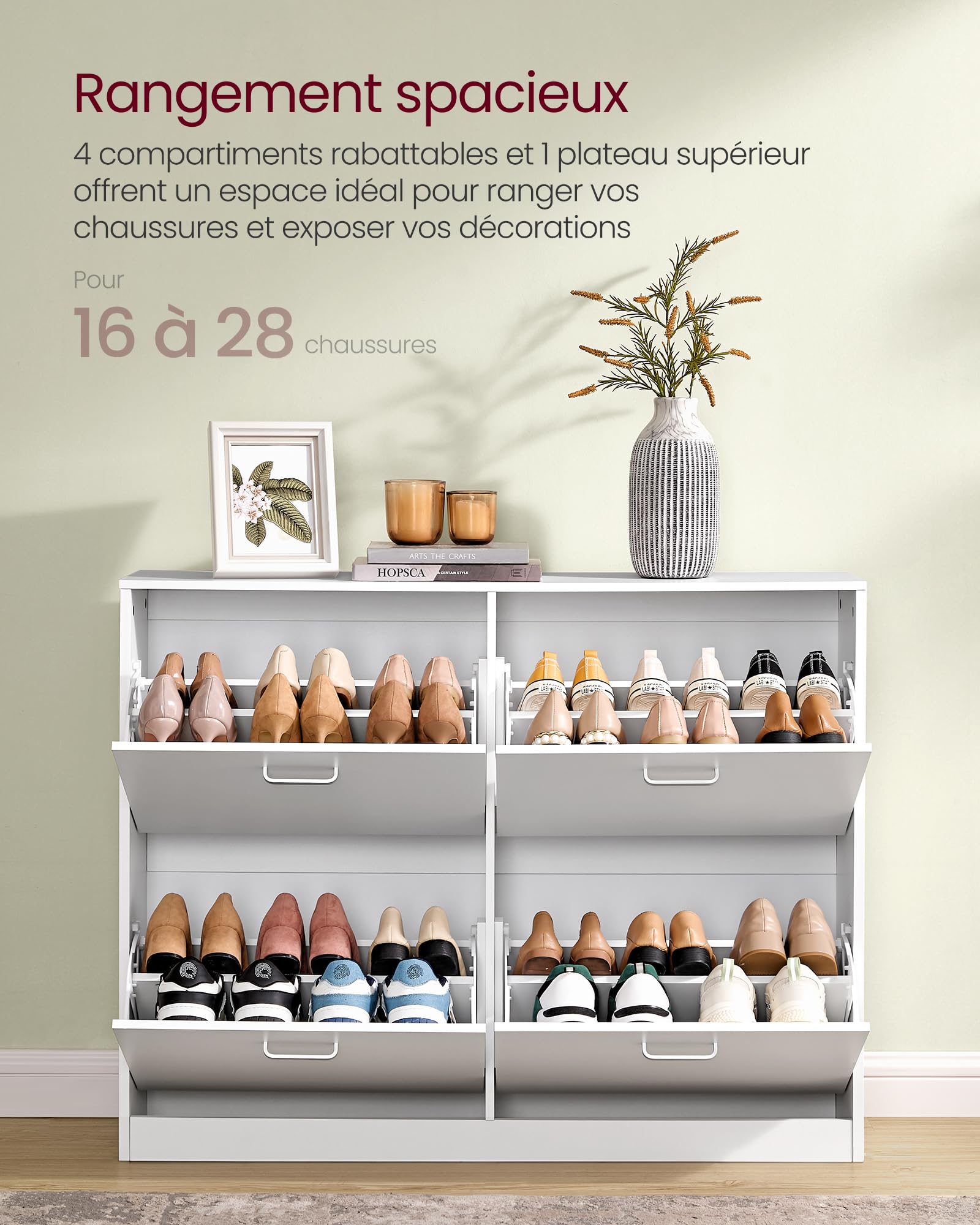 VASAGLE Custos Collection - Meuble à Chaussures à 3 Abattants, Placard de Rangement à 3 Niveaux, 3 Compartiments, pour Entrée, Salon, Chambre, Blanc Neige LBC035W01