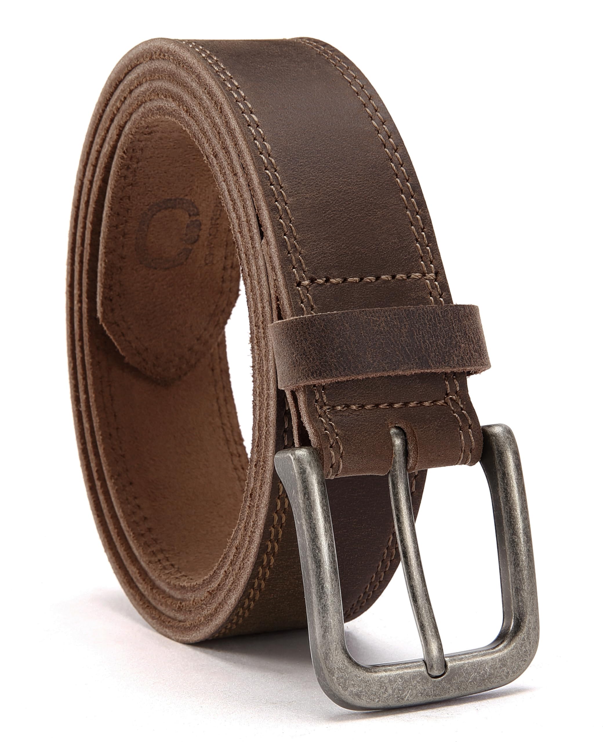Close-up of the CHAOREN leather belt's micro-adjustment ratchet mechanism and buckle.