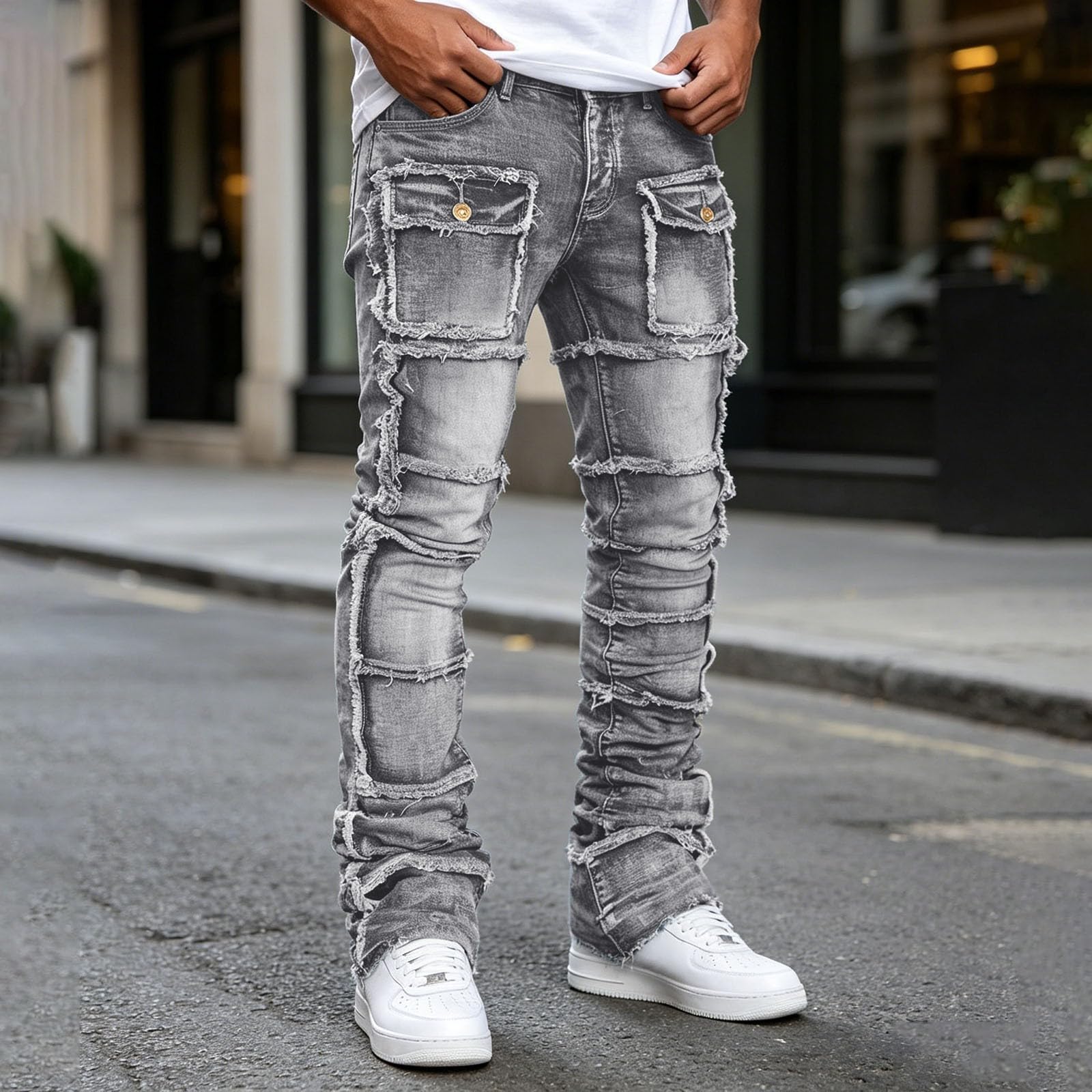 Jeans da uomo elasticizzati, slim fit, look usato, per il tempo libero, pantaloni lunghi strappati, comodi pantaloni in denim elasticizzati, stile punk, streetwear, hip hop, gamba larga, Harajuku