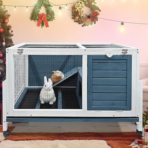 Two Floors Wooden Indoor Bunny Hutch Rabbit Cage on Wheels Guinea Pig PET House for Small to Medium Animals Waterproof No Leak Tray