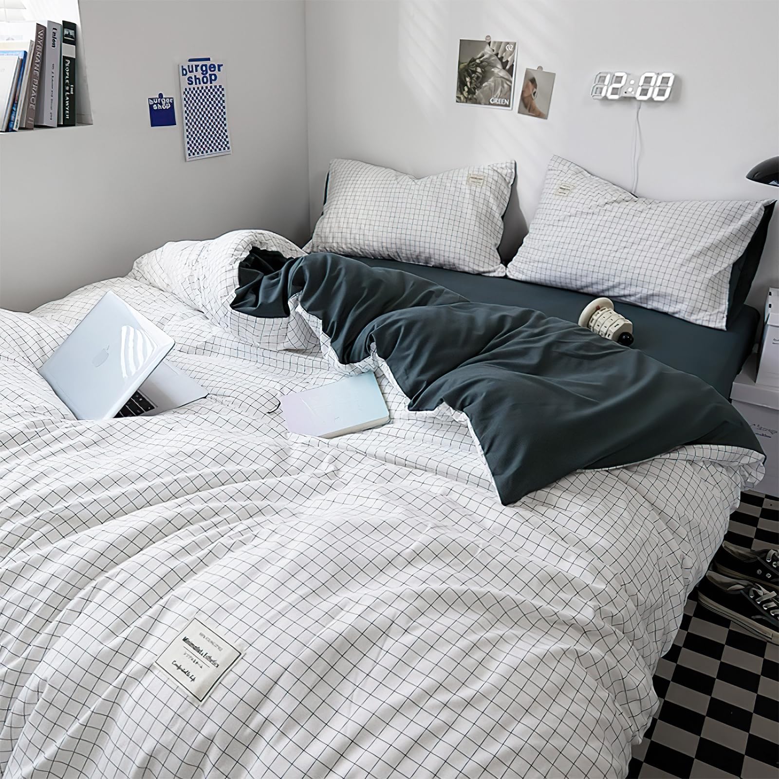 UCHUANG Duvet Cover Set Single Size 4 Pcs, 100% Washed Cotton Soft Bedding Set, Include 1 Quilt Cover 150 x 200cm & 2 Pillow Cases 48 x 74cm & 1 Bedsheet 180 x 230cm for 1.2m Bed - White/Plaid