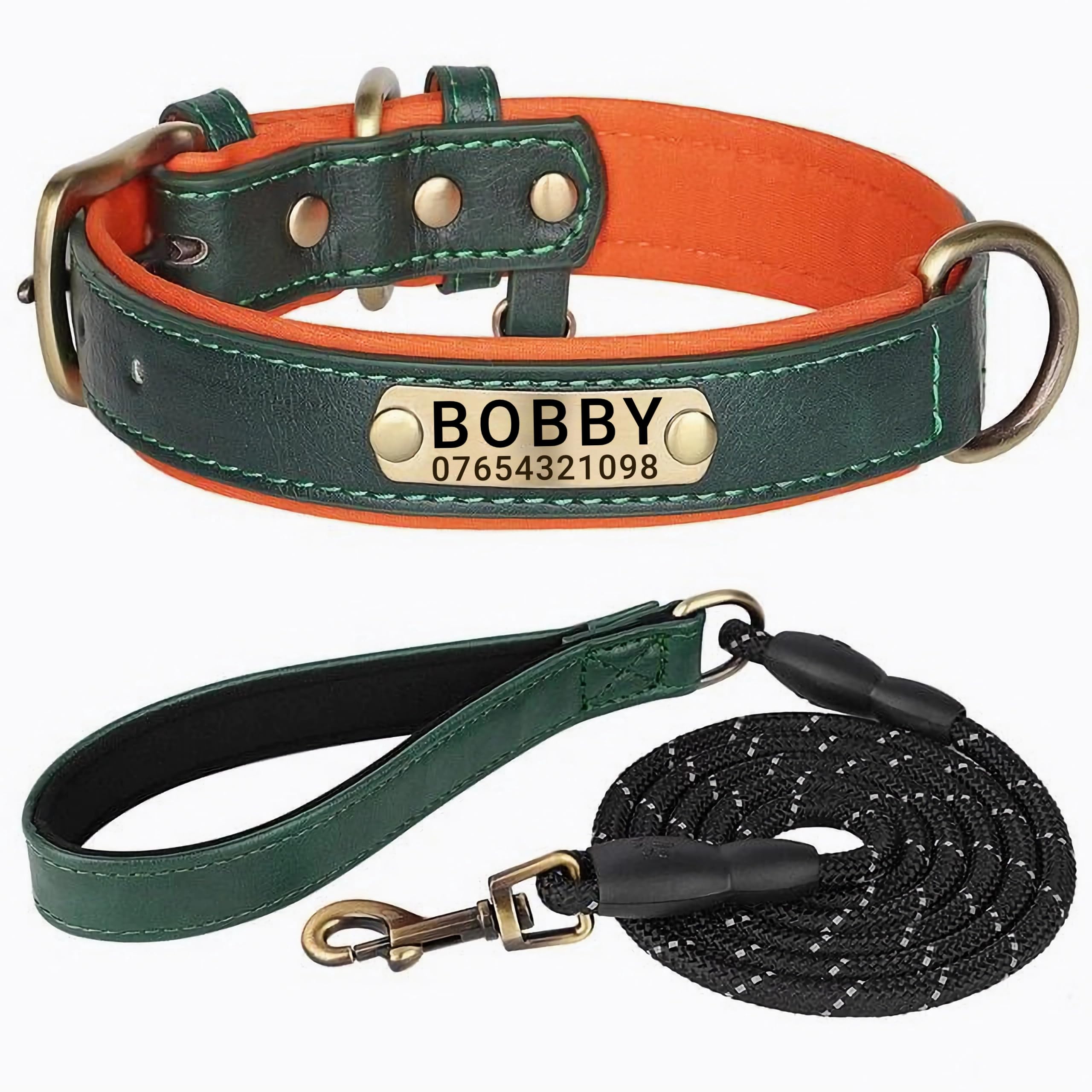 SEOUGEE Genuine Leather Dog Collar Personalised and Leash Set, Soft Padded Leather Dog Collars Heavy Duty with Custom Engraved Name Plate for Small Medium Large Dogs (S, Green Set 23-32cm) — image 1